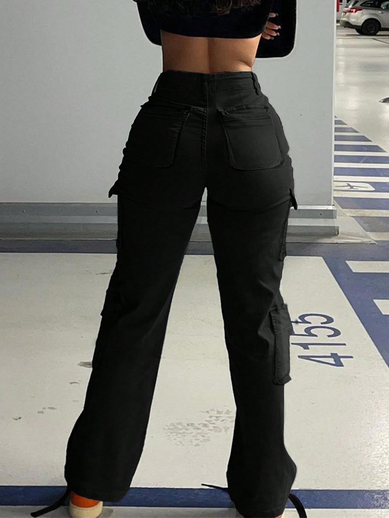 Women's Plain High-Waisted Cargo Pants with Pockets and Drawstring, Fashion Y2K K-Pop Style Streetwear Trousers for Daily Wear, Ladies' Baggy Pants for Fall & Winter