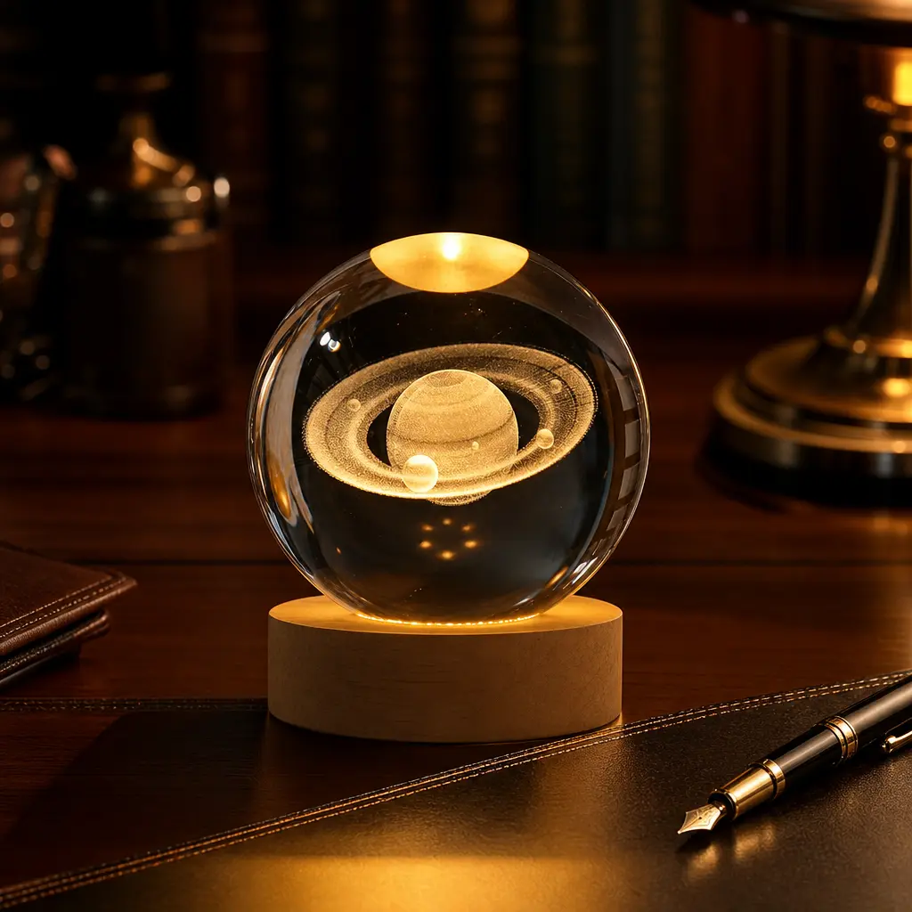 3D Laser Engraved Saturn Crystal Desk Lamp - USB-Powered LED Wood Base, Adjustable RGB, Space Themed Bedroom Decor, Home Office Decor, Science-Inspired Accent Table Lamp, Birthday Gift