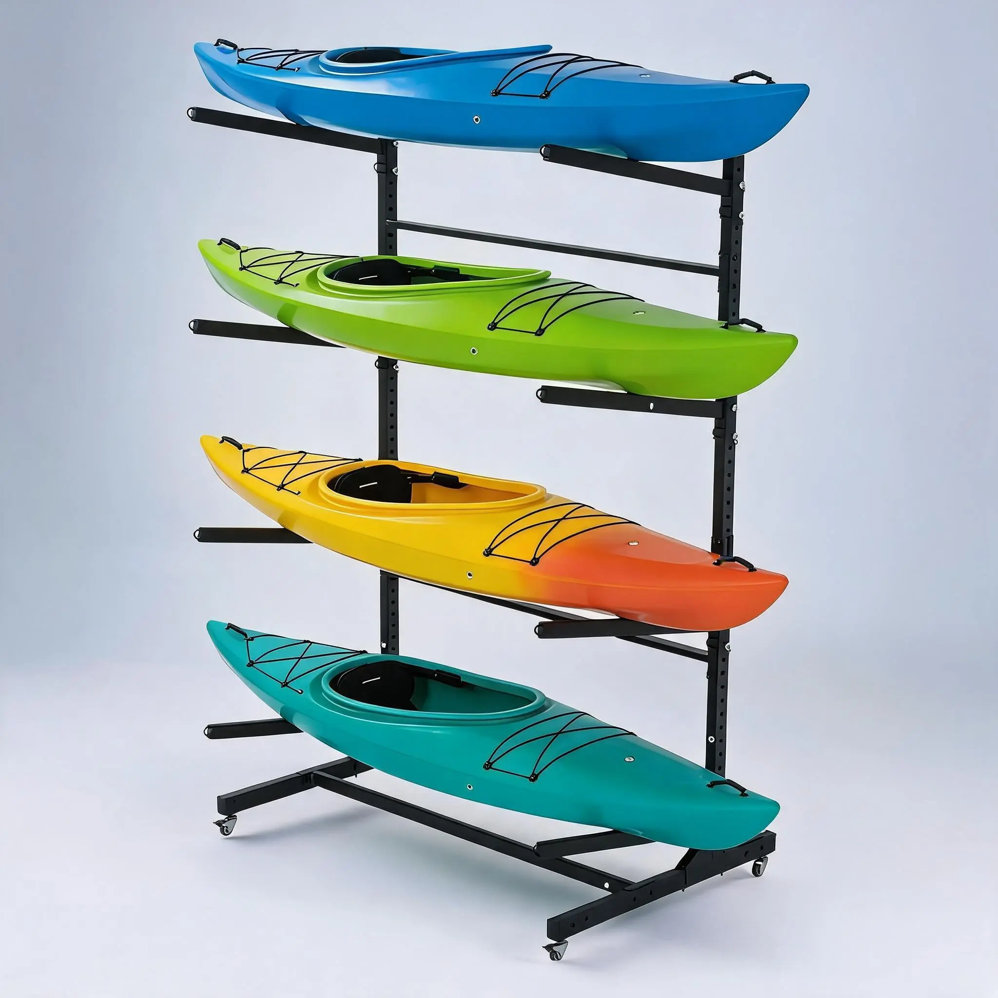 Heavy Duty 2-Tier Freestanding Kayak Storage Rack with Adjustable Wheels – Metal Stand for Kayaks, Canoes, SUPs, Surfboards – Indoor or Outdoor, Garage Organizer, Portable, Rust-Resistant, Double Layer