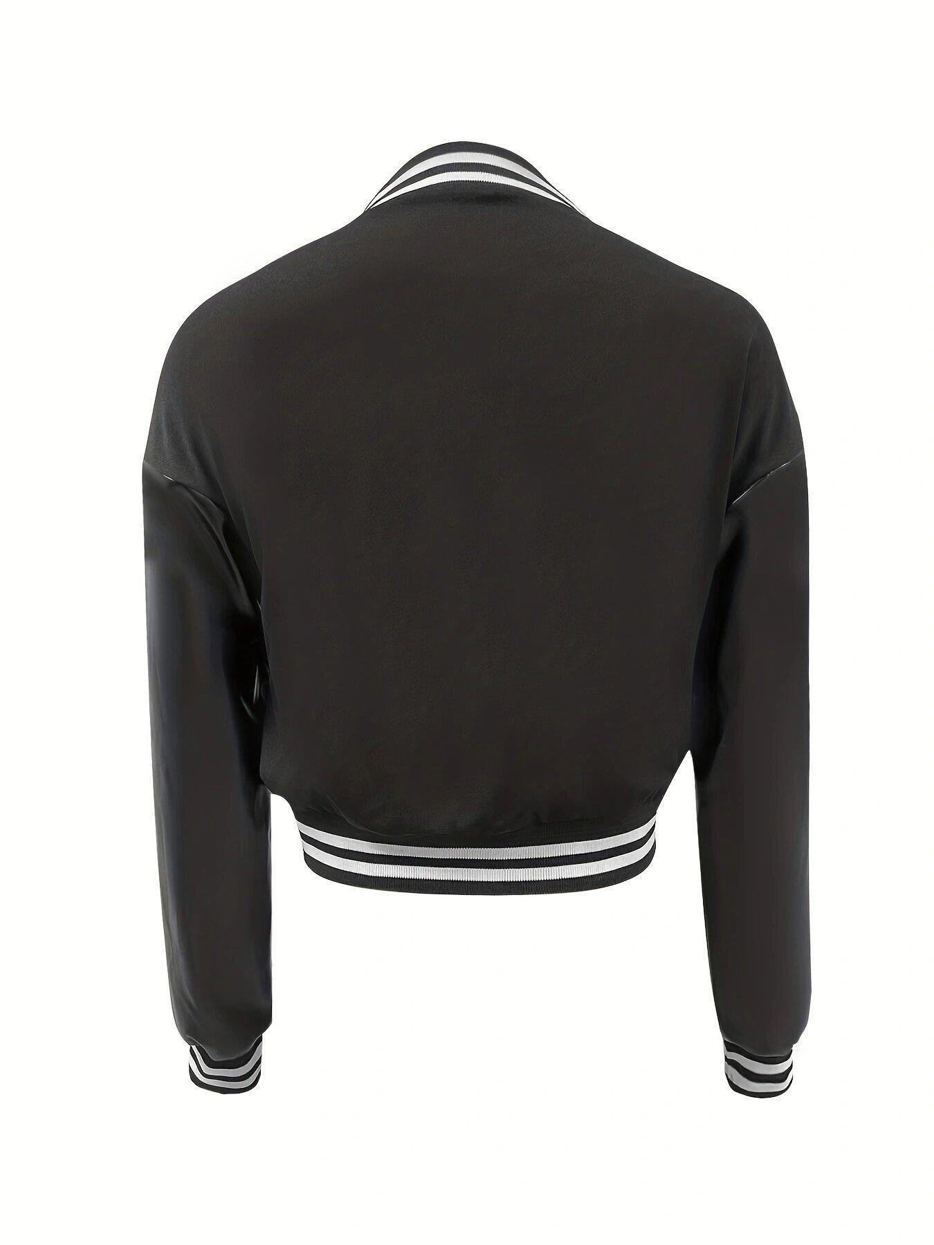 Women's Black Faux Leather Letter Patched Button Front Jacket, Casual Drop Shoulder Long Sleeve Baseball Collar Outerwear for Fall & Winter, Ladies Clothes for Daily Wear, Womenswear