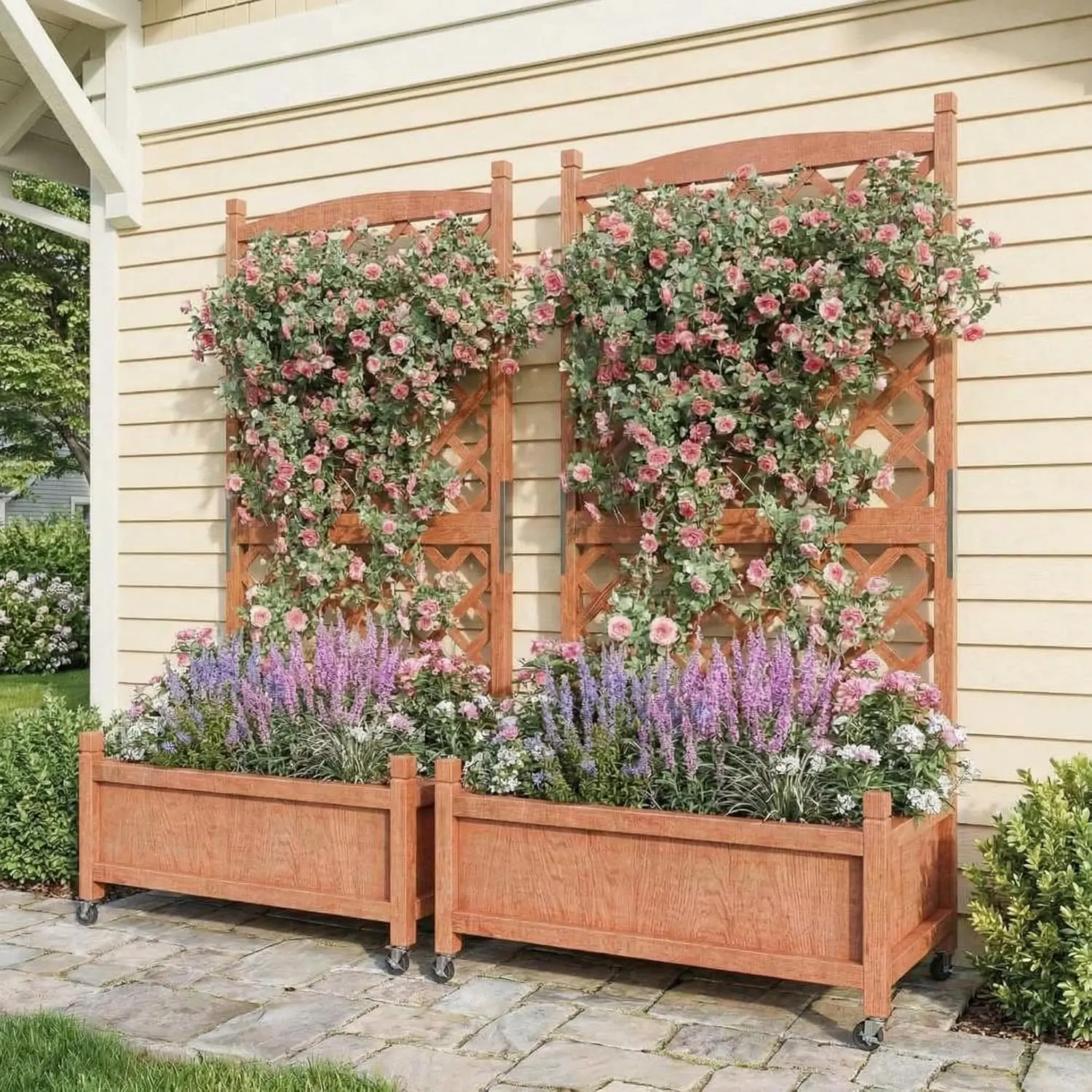 2-Pack Tall Wood Planter Box with Trellis, 61.5" H Raised Garden Bed on Wheels, Vertical Stand Planter with Drainage Holes for Patio, Balcony & Outdoor Garden (Natural Fir Wood)