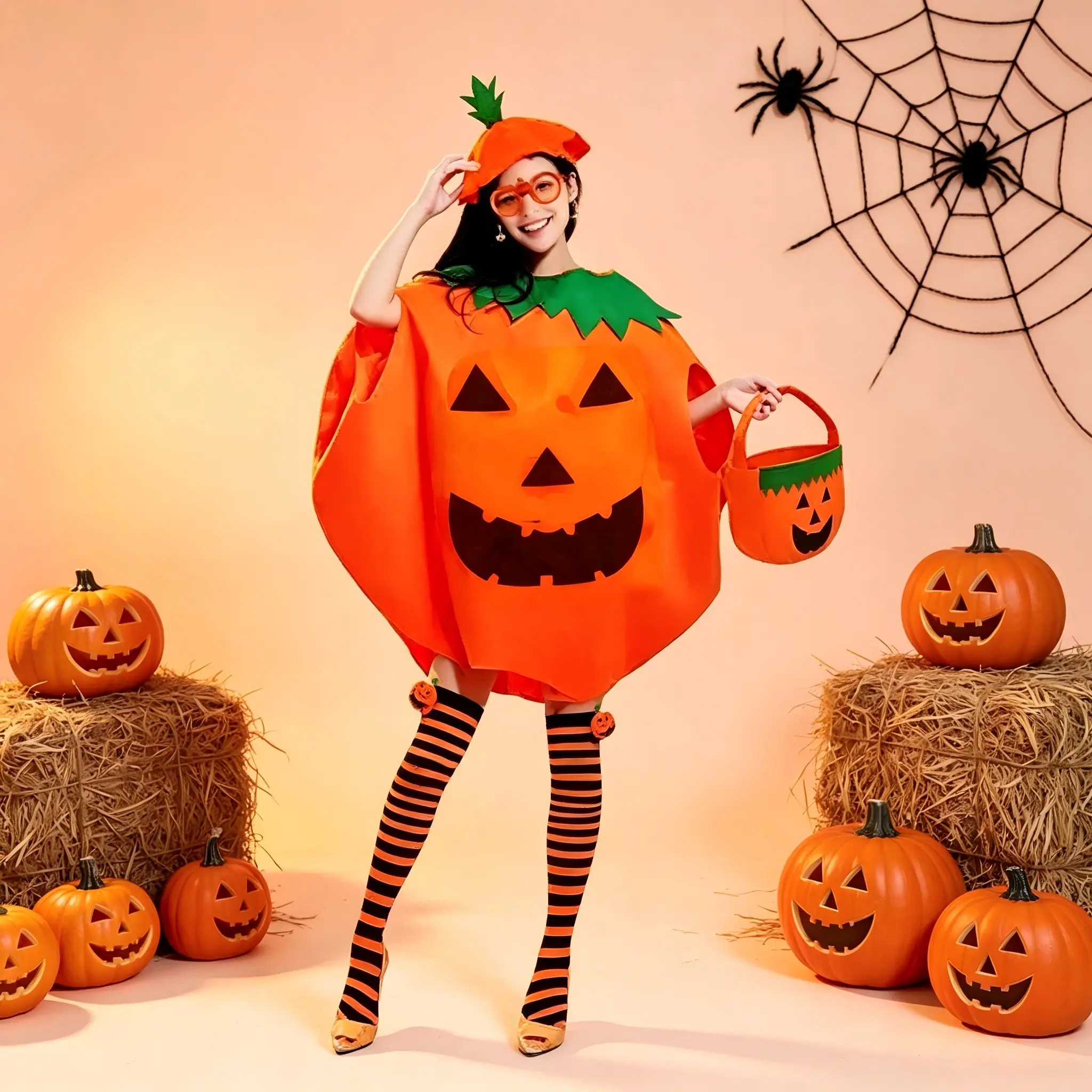Halloween Pumpkin Costume Set, Party Festival Activity Supplies, Cute Pumpkin Hat, Performance Clothes, Trick-Or-Treat Bag Decorations