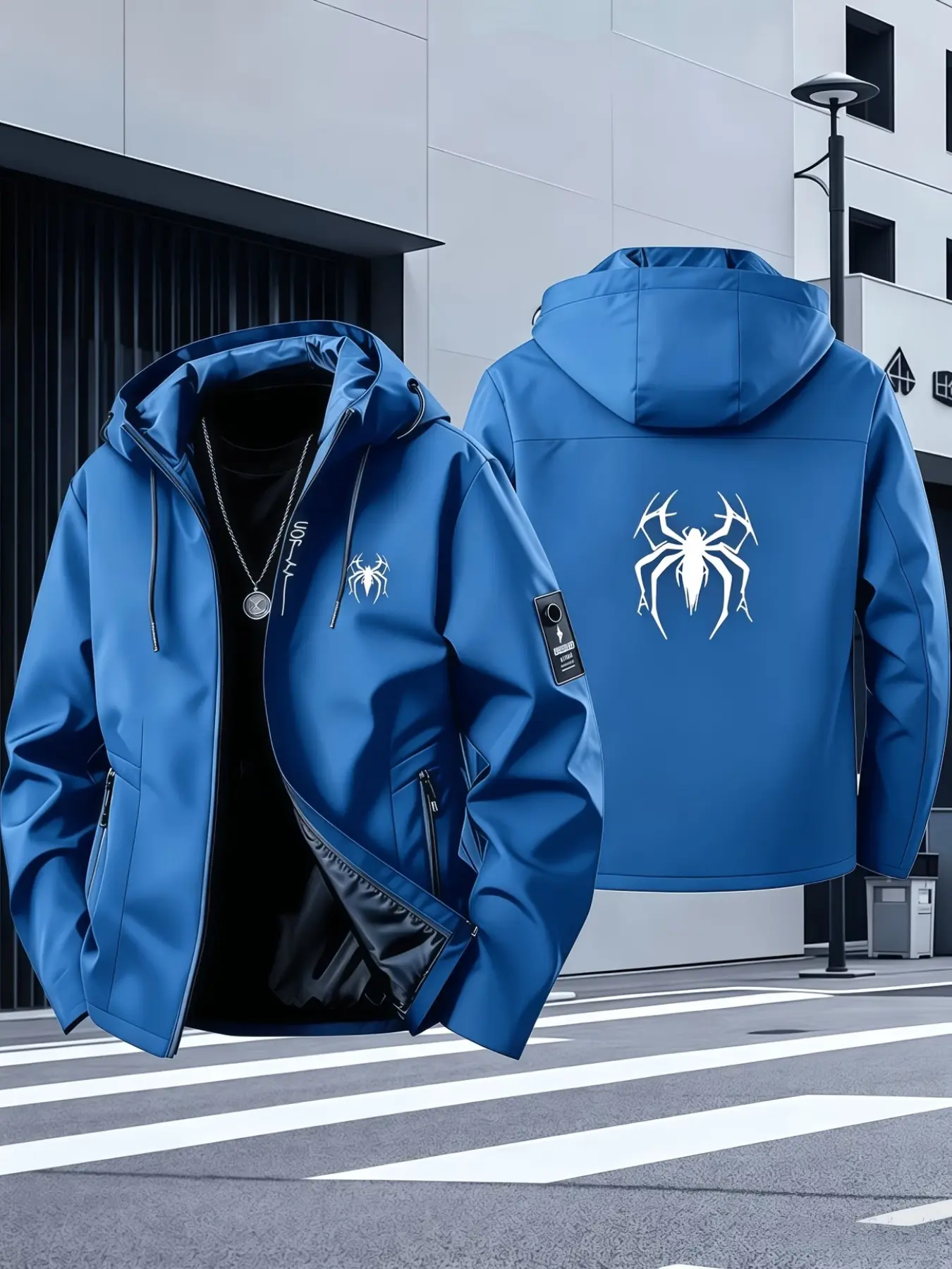 Men's Casual Sport Jacket, Embroidered Spider Logo, Hooded Windproof Jacket, Lightweight & Durable, Ideal for Outdoor Activities, Outdoor Sports Jackets