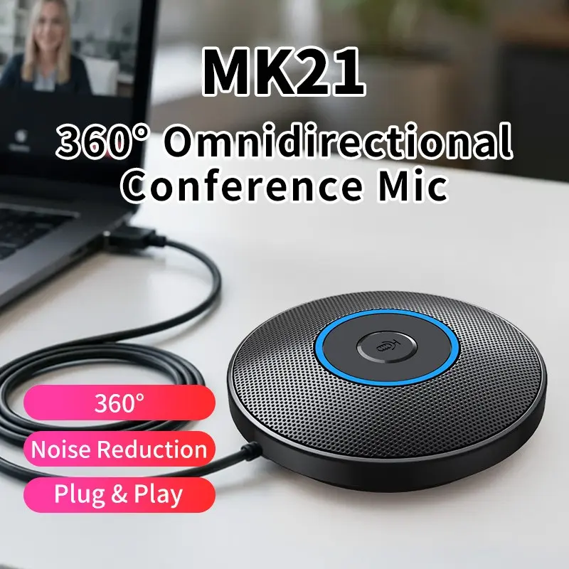 Mk21 Omnidirectional Microphone, 360° Pickup, Smart Noise Reduction, Echo Cancellation, Plug-And-Play, Ideal for Video Calls, Gaming, Live Streaming
