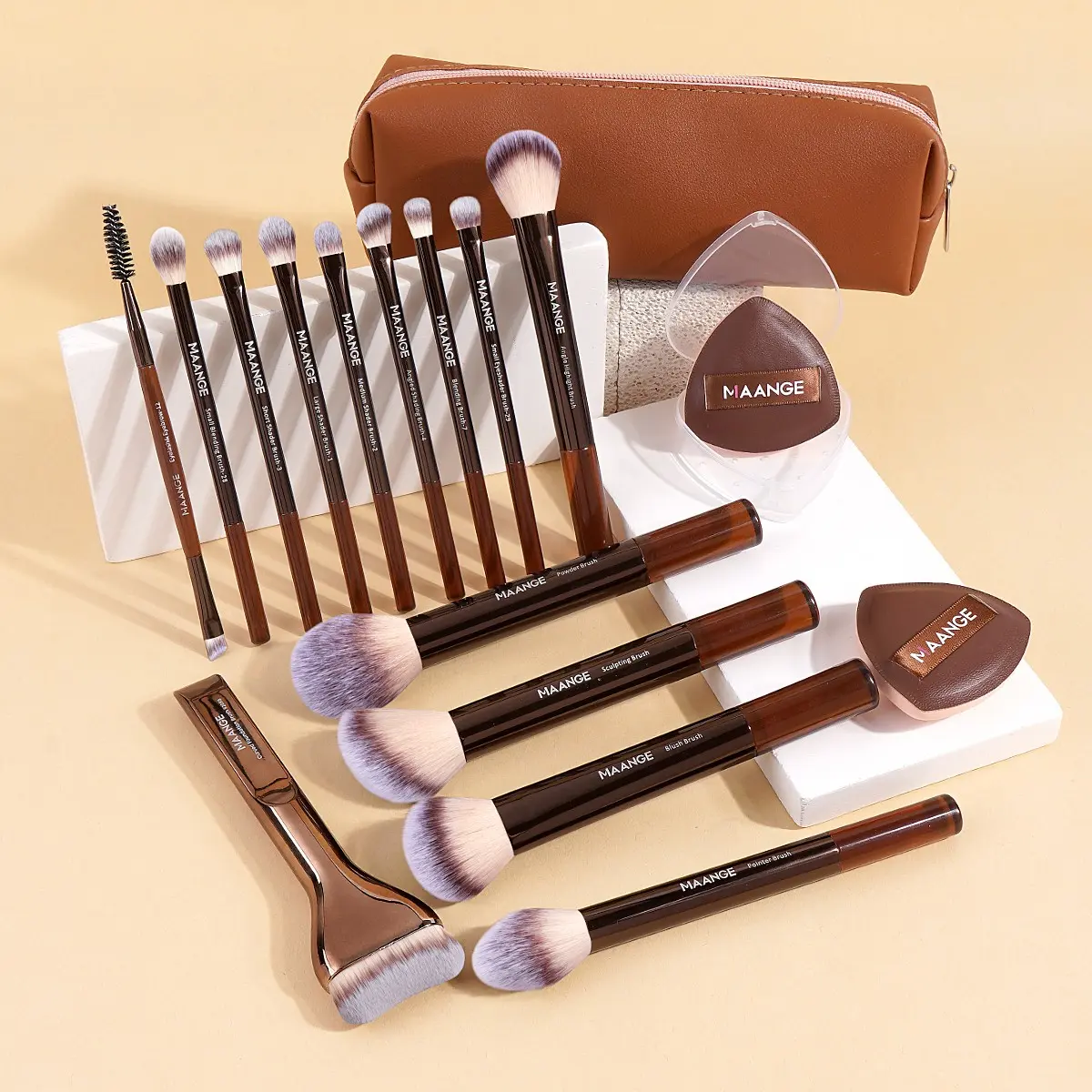 Maange 17-Piece Makeup Tool Set, Cosmetic Tools, Includes 14 Brushes, 2 Puffies, Brush Bag, Foundation, Blush, Powder, Eyeshadow, Mascara, Highlighter Brushes, Makeup Tools Set