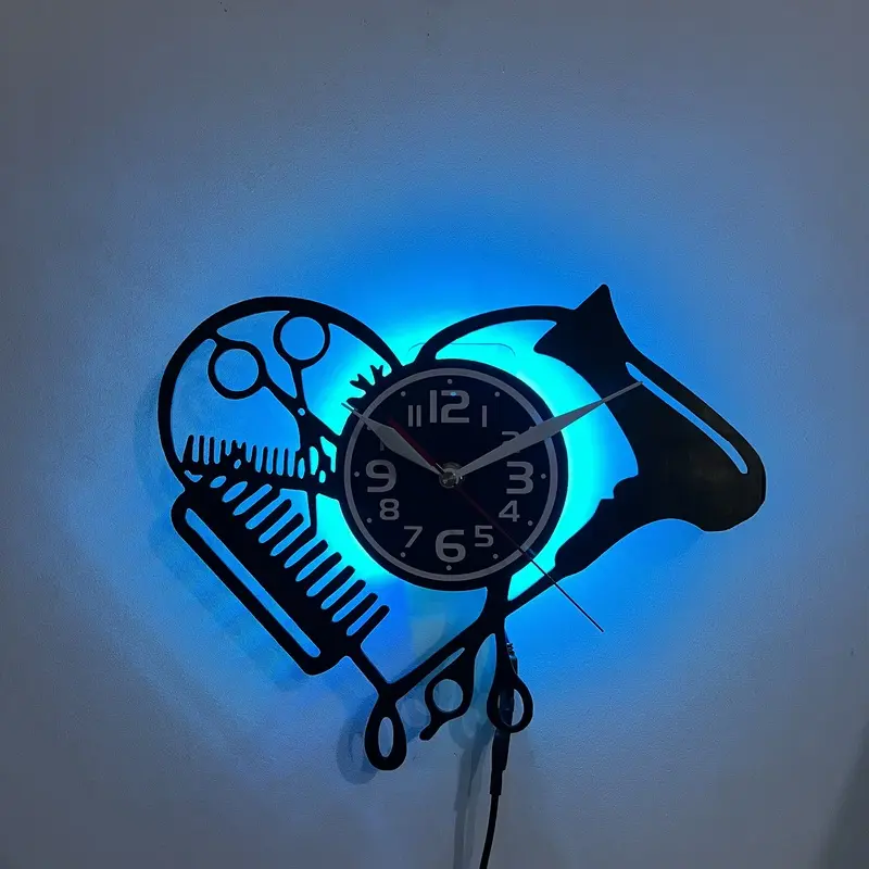 LED Vinyl Wall Clock Heart Shaped Barber Tools Scissors Comb Hair Dryer Silhouette Art Wall Watch Barbershop Salon Themed Backlit LED Wall Decoration for Barber Shop Living Room Unique Christmas Gift for Barbers Hairstylists