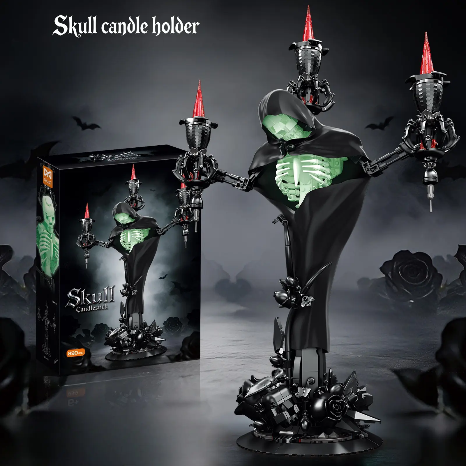 890PCS New Grim Reaper Glow-in-the-Dark Skull Candelabra Building Blocks, Glow-in-the-Dark Material Creates Eerie Atmosphere, Home & Halloween Decor Ornament, Creative Holiday Toy Gift。