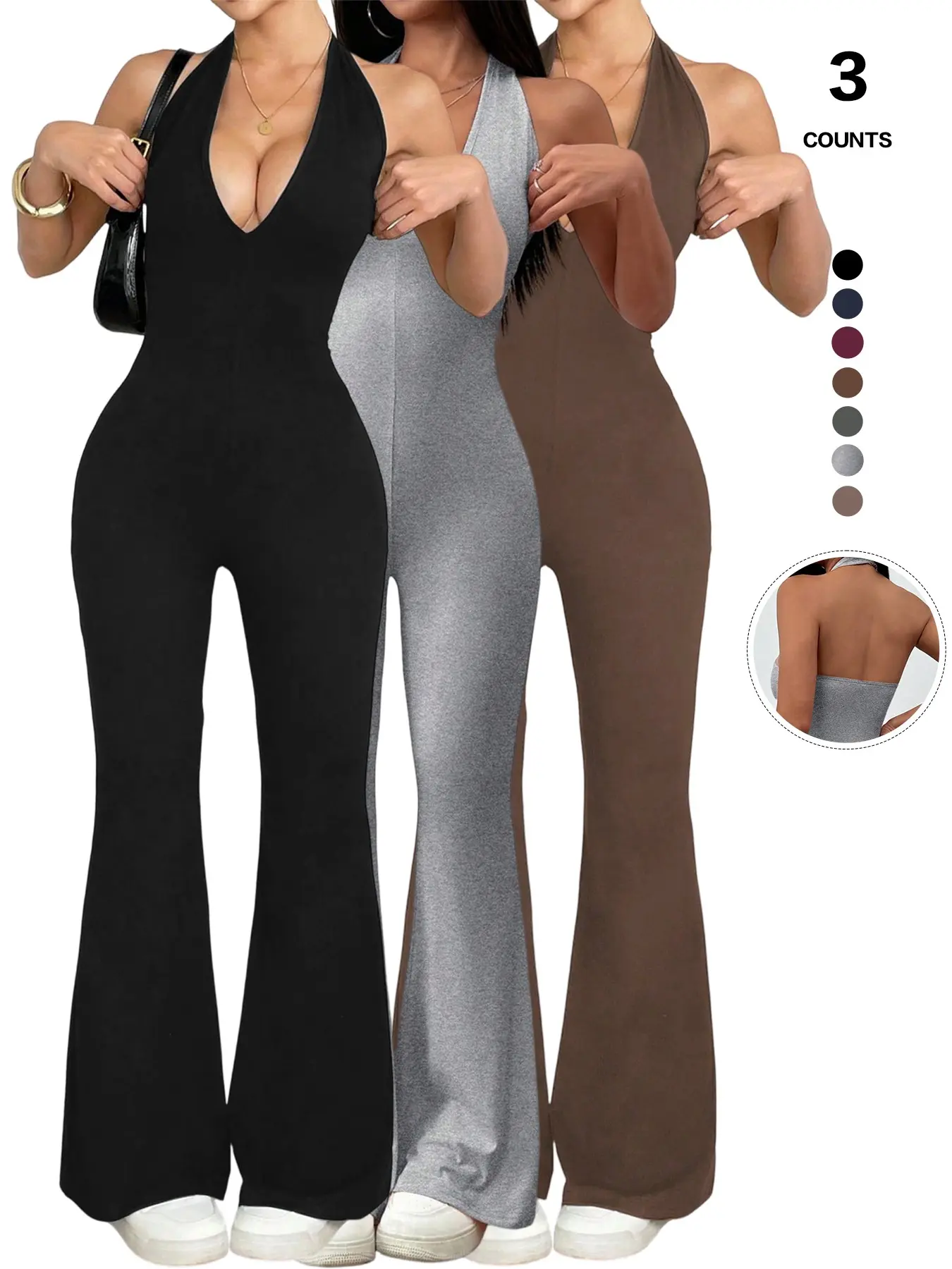 Women Halter Jumpsuit, Deep V Neck Sleeveless Flare Leg, High Stretch Bodycon One Piece, Slim Fit Long Pant Jumpsuit for Daily Wear