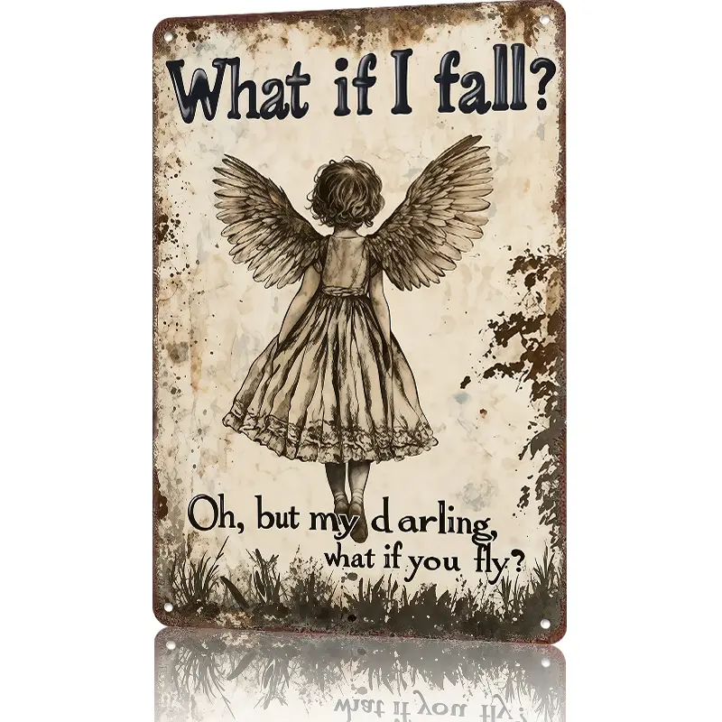 "8×12 in 'What If I Fall? What If You Fly?' Vintage Angel Aluminium Metal Sign, Hanging Inspirational Quote Wall Art, Rustic Motivational Home Decor, Funky Room Plaque, Vintage Decor Gift"