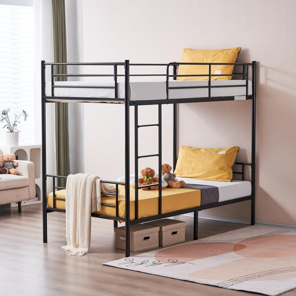 Iron Bed Bunk Bed with Ladder for All Ages Twin Size Black Bedroom Bedframe with 33.5cm Fence & 26.5cm Storage Space Modern Design