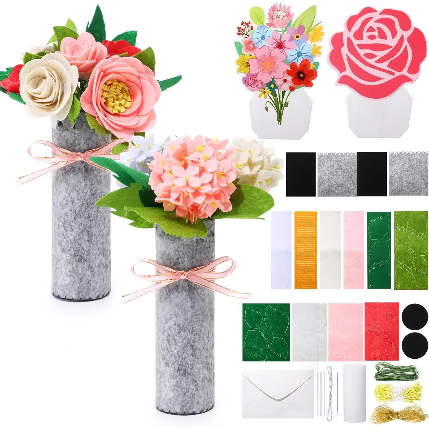 DIY Felt Flower Bouquet Kit – 2 Sets Felt  for Crafts  Desk Decor,  Flower Vase Craft with Instructions for  and  or Event Decorations
