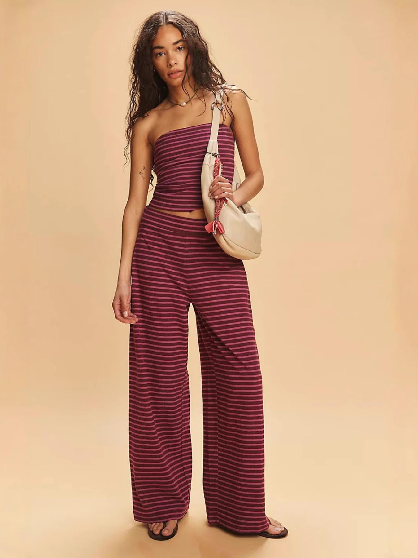 Women's Striped Print Crop Tube Top & Wide Leg Pants Set, Street Fashion Casual Two-piece Set for Daily Wear, Women's Summer Clothes, Cute Summer Outfit