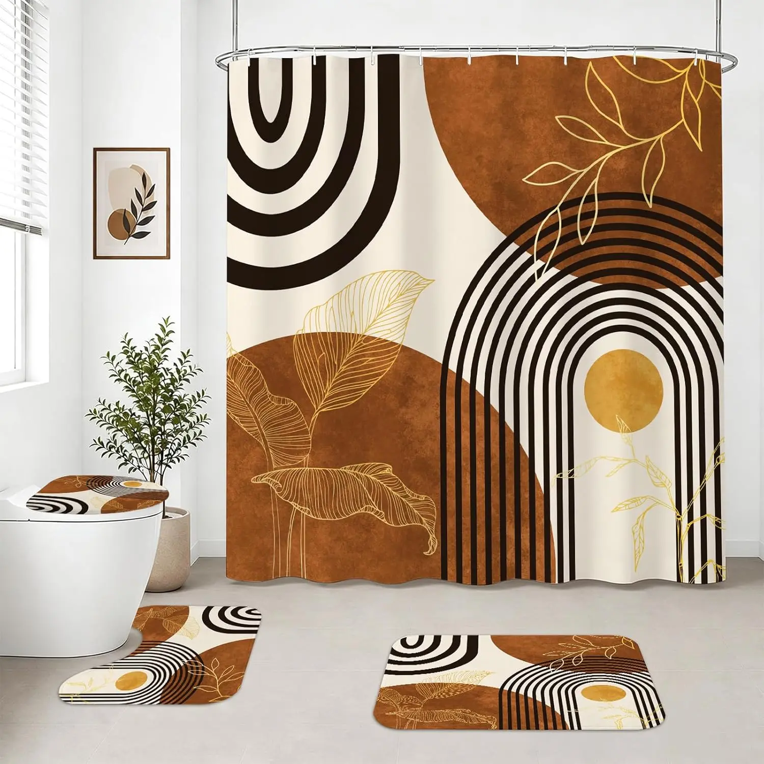 Boho Modern Retro Soft Mix Geometric Print Shower Curtain Set (4Pcs, 71W x 71L in) - Caramel & Beige, Minimalist Bathroom Set with Waterproof Non-Slip Rug, Bath Mat, Toilet Lid Cover, 12 Hooks Included, Shower Curtains, Daily Use