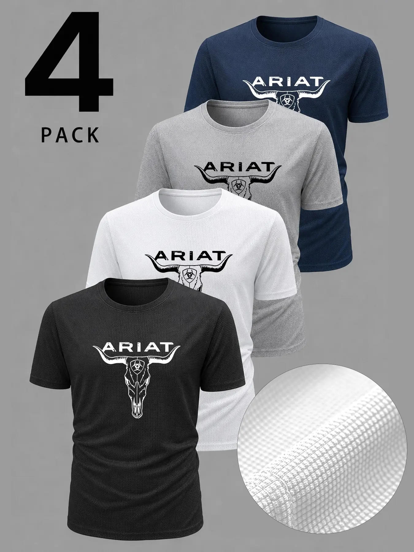 4-Piece Short Sleeve T-Shirts Set, Cowboy Ranch Outdoor Casual, Camping Travel, Skull Letter Print, Breathable Quick-Dry Mesh Fabric, Unisex