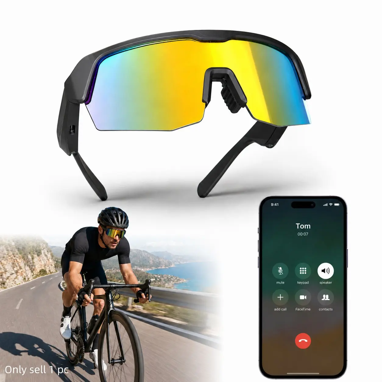 Smart Bluetooth Sunglasses for Men Women, UV400 Polarized Riding Glasses with Open-Ear Audio, Button Control and Hands-Free Calls for Cycling and Running