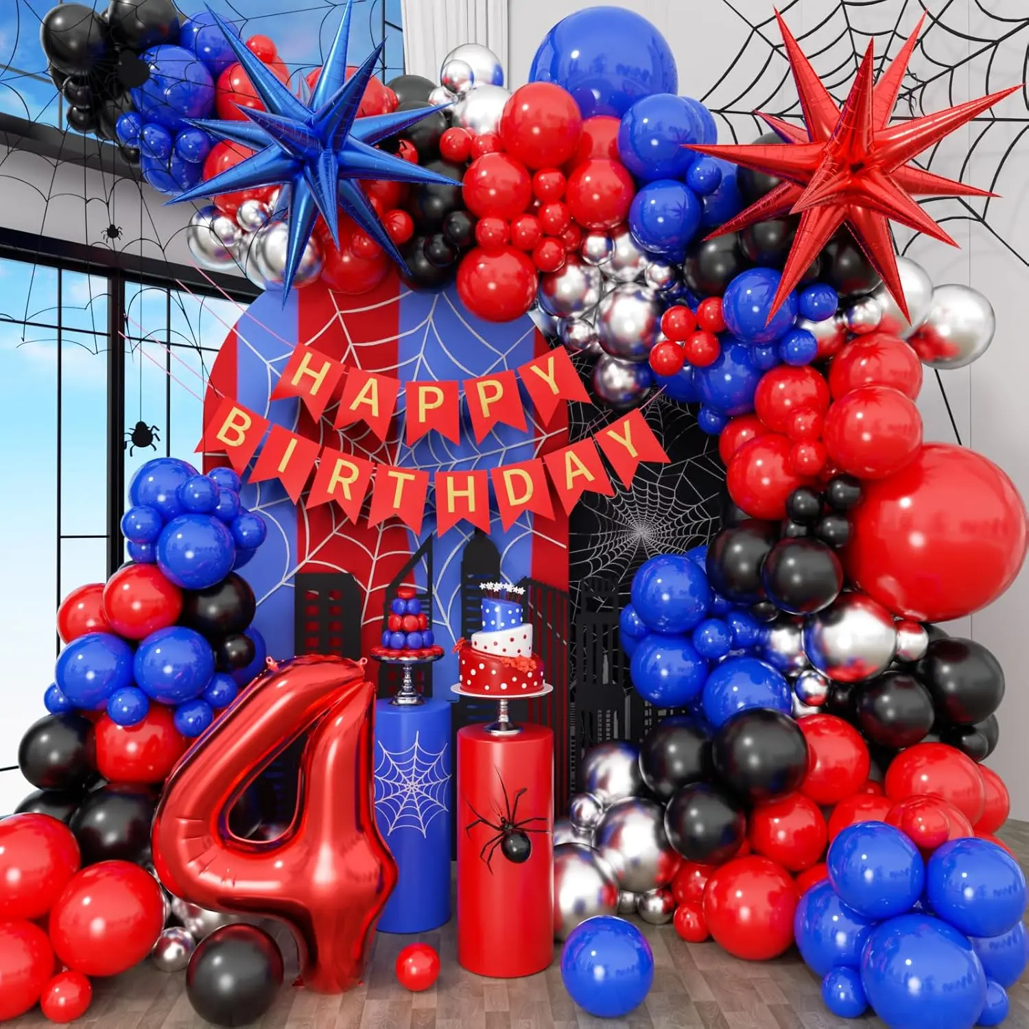 126pcs 4th Black Red and Blue Balloon Arch Garland Kit with Royal Blue Metallic Silver 4th Red Foil Balloons Happy Birthday Banner for 4 Year Old Birthday Party Decorations