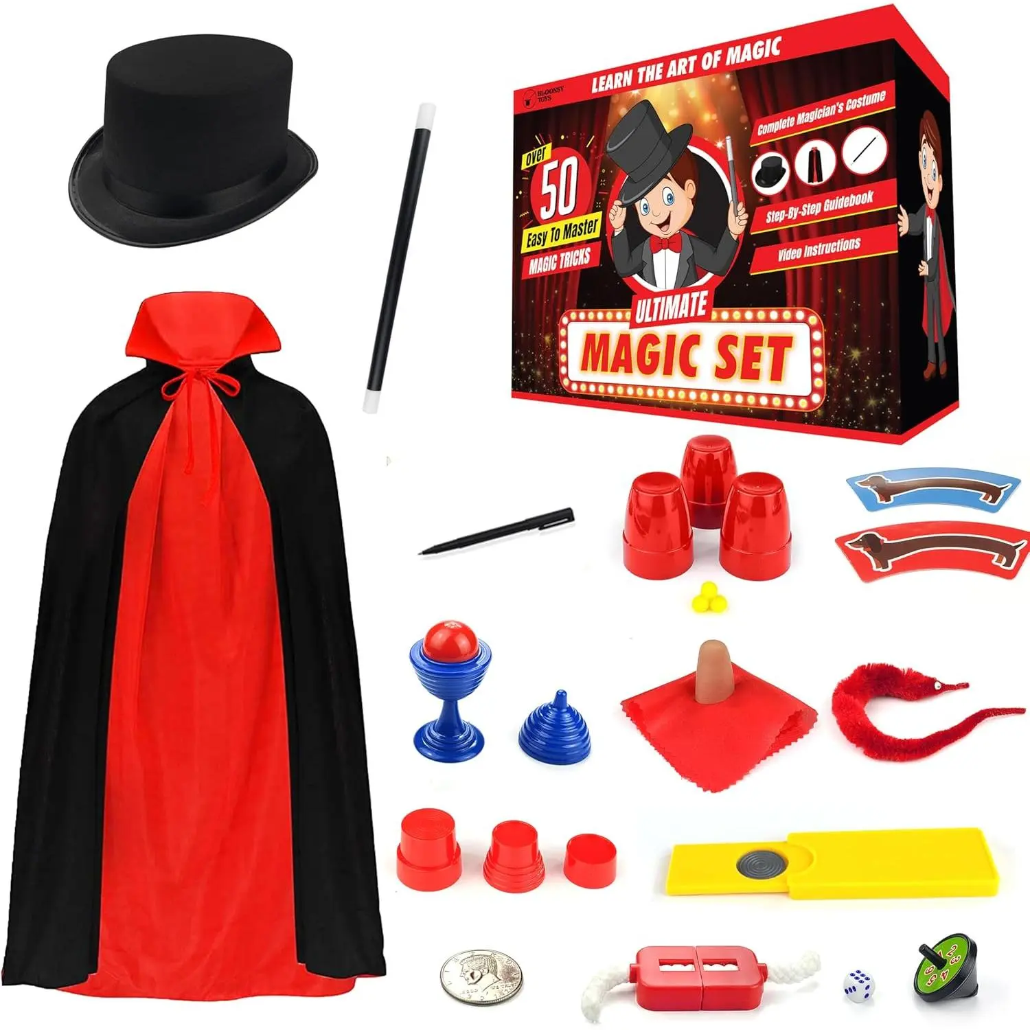Magic Kit for Kids| Magic Tricks Set for Kids Age 6 8 10 12| Magician Costume for Pretend Play with Easy to Follow Guide and Video Instructions Included
