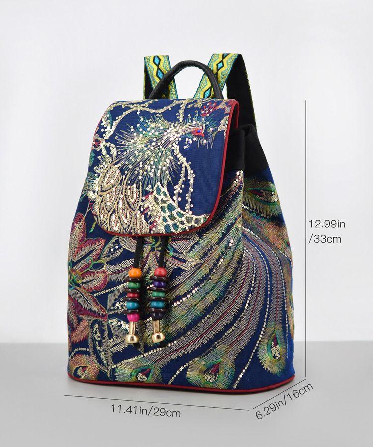 VTG Bohemian Floral Embroidered Canvas Backpack Black Blue Purple Folk Art Bag Boho Floral Embroidered Canvas Backpack-women main image 3