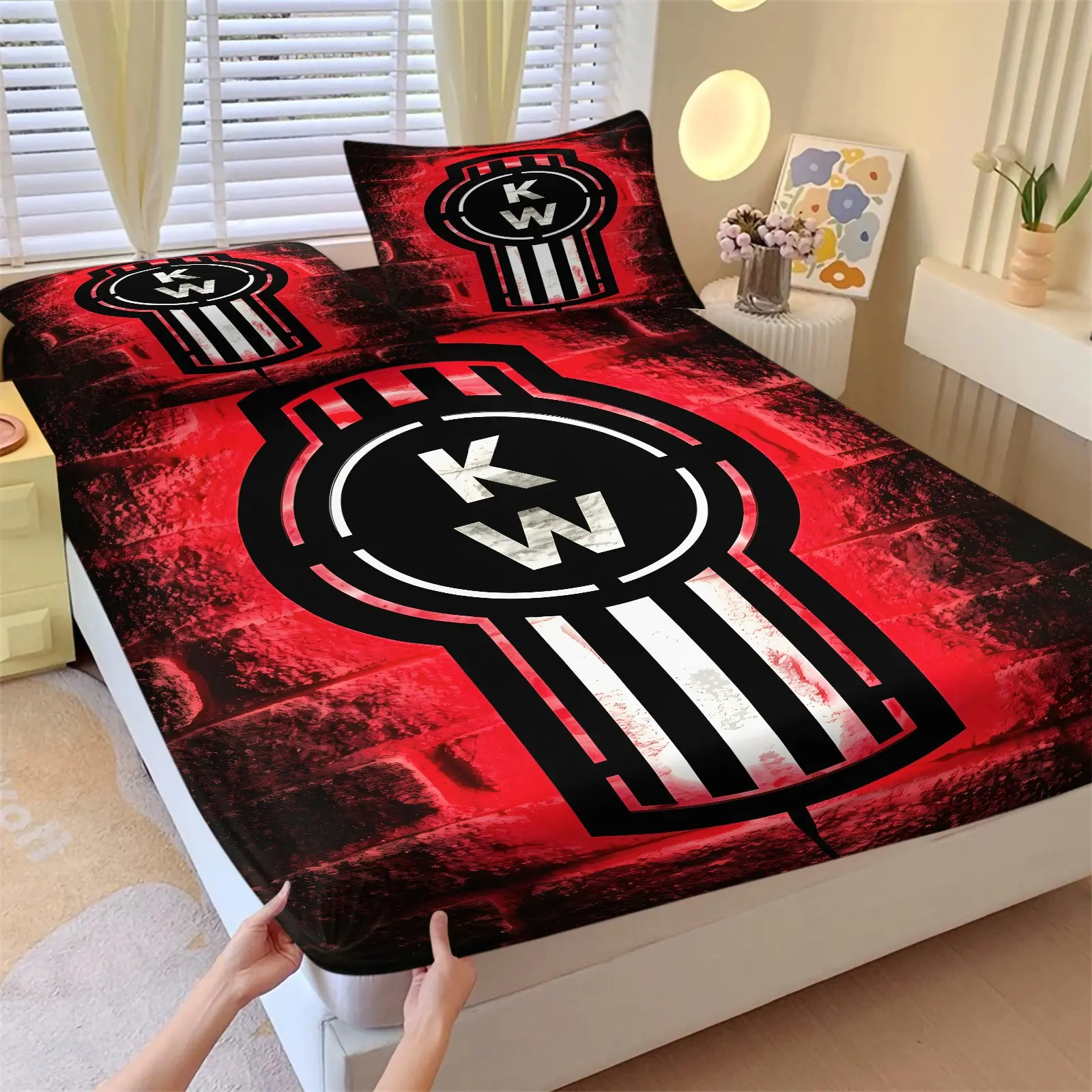 3-Piece K Red Brick Wall Vintage Sign Fitted Sheet Set-Soft Wrinkle-Resistant Bedding-Red Black Color Block Motorcycle Badge Pattern-For Industrial Dark Style Bedroom Gaming Room Workwear Dorm Decor