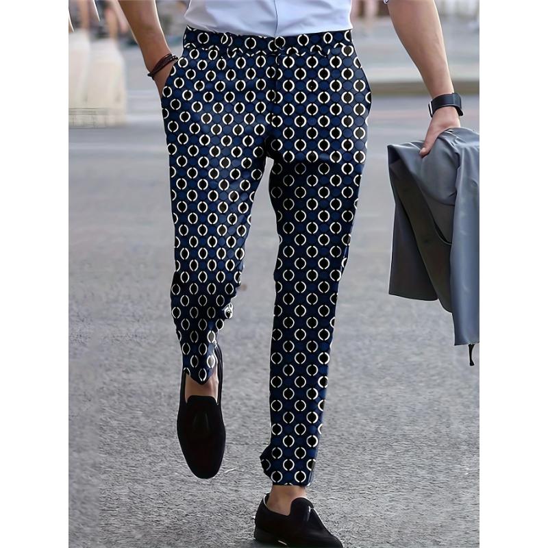 Men's Retro Geometric Polka Dot Print Casual Pants - Street Style Slacks with Dark Blue & Black Pattern, Comfortable Polyester Fabric, Machine Washable, All-Season Wear Menswear Stretch