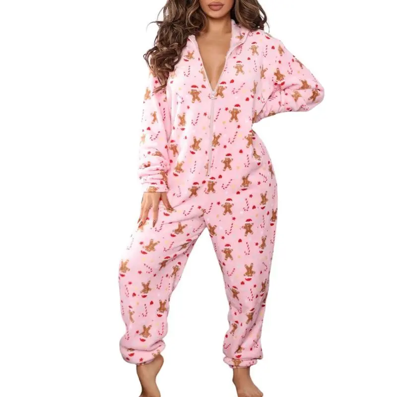 Christmas Hooded Jumpsuit for Women Zipper Fleece  Pjs Family Holiday Adult Cozy Pajamas Sleepwear