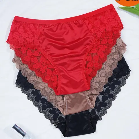 3/5/6-pack high-elastic satin lace triangle panties for women, multi-colored floral lace patchwork, smooth and skin-friendly, Soft Comfy Underwear, French-style everyday underwear, all sizes available, comfortable non-restrictive, Stretchy Panty