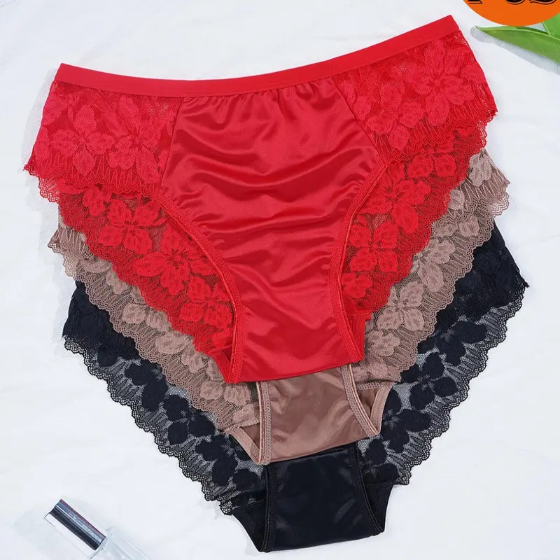 3/5/6-pack high-elastic satin lace triangle panties for women, multi-colored floral lace patchwork, smooth and skin-friendly, Soft Comfy Underwear, French-style everyday underwear, all sizes available, comfortable non-restrictive, Stretchy Panty