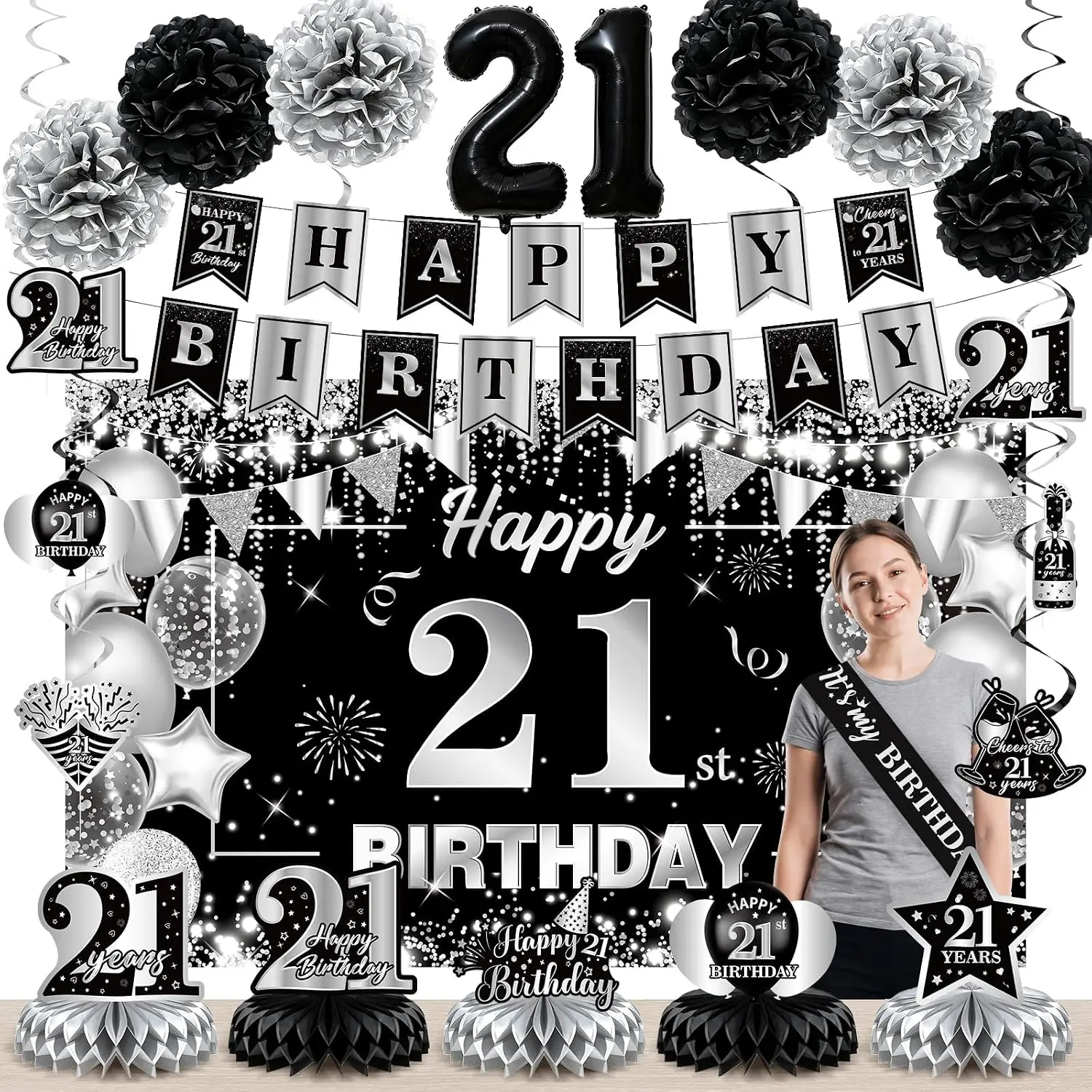 Black Silver 21st Birthday Decorations for Girls Boys Black Silver Happy 21st Birthday Banner Hanging Swirls Honeycomb Centerpieces 21st Balloon Paper Pompoms Shoulder Strap Birthday Party Supplies