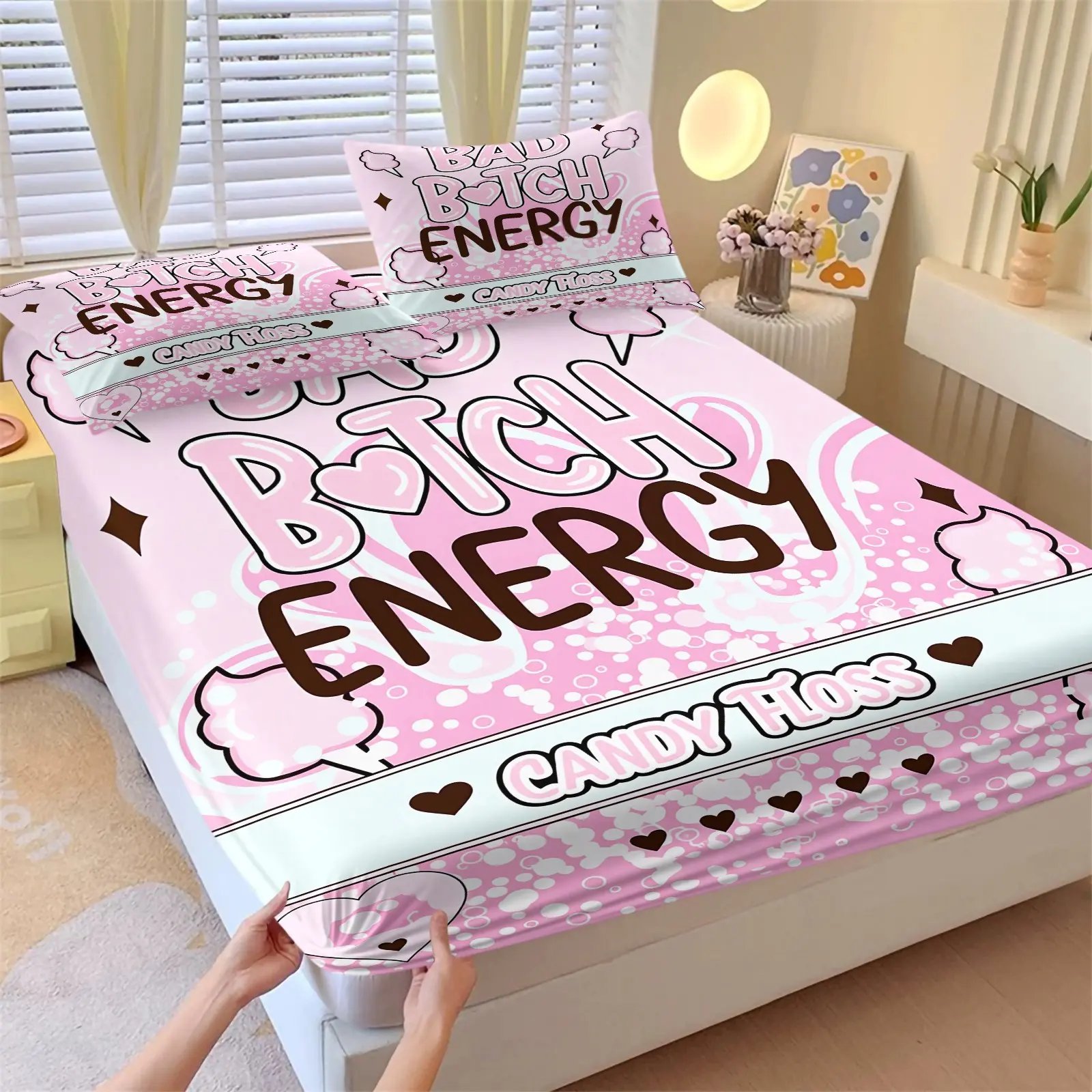 "Bad B*tch Energy" Sweet and Cool Girl Style Printed Fitted Sheet Set, 1 Fitted Sheet + 2 Pillowcases 3 Piece, Pastel Pink Bubble Heart Text Graphic, American Street Style Bedroom Bedcap, Must-Have Bedding for Sweet Girls' Bedrooms