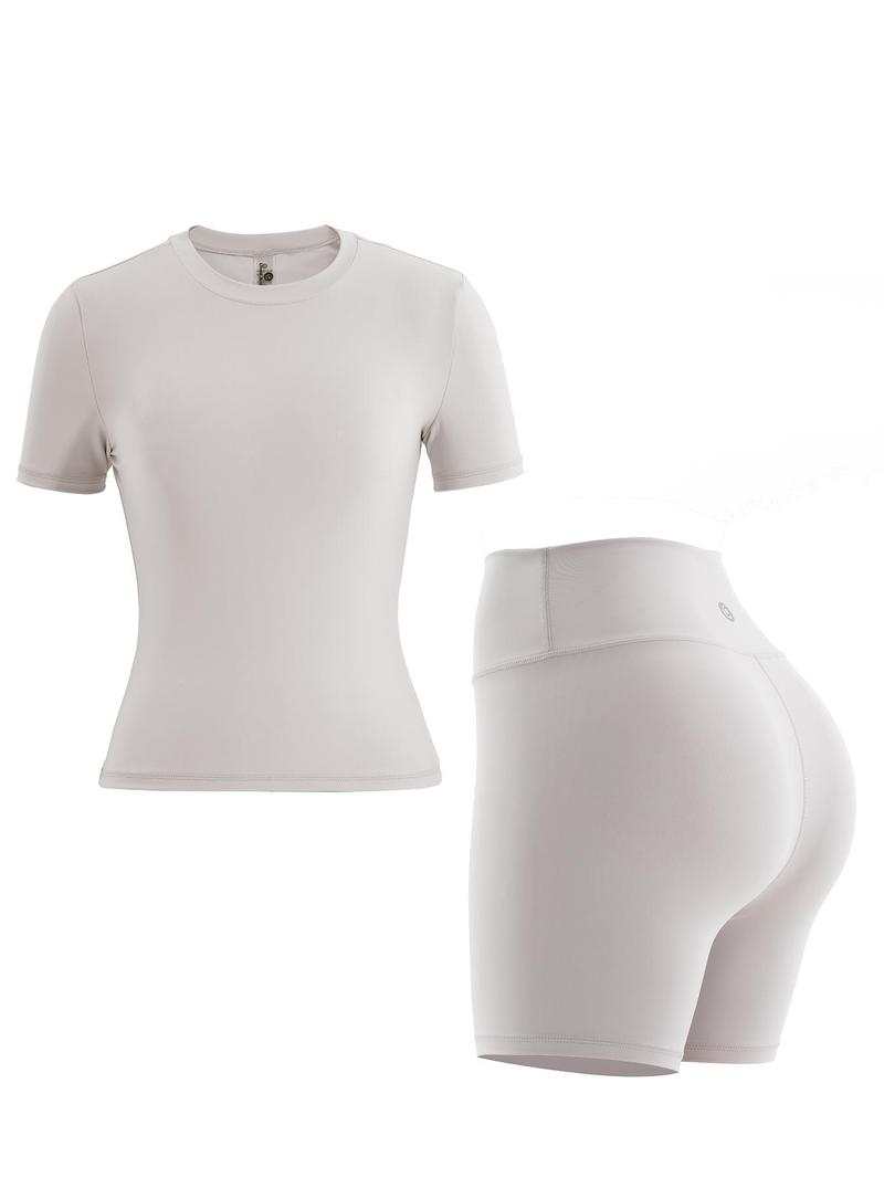 Women's Solid Seamless Tracksuit Set, Sporty Crew Neck Short Sleeve T-shirt & High Waist Biker Shorts Set, Two Piece Sets Tracksuits, Ladies Sportswear for Fall, Outfit, Fall Outfits, Fallfreshness, Tracksuit Uniform Leisure Wear Top