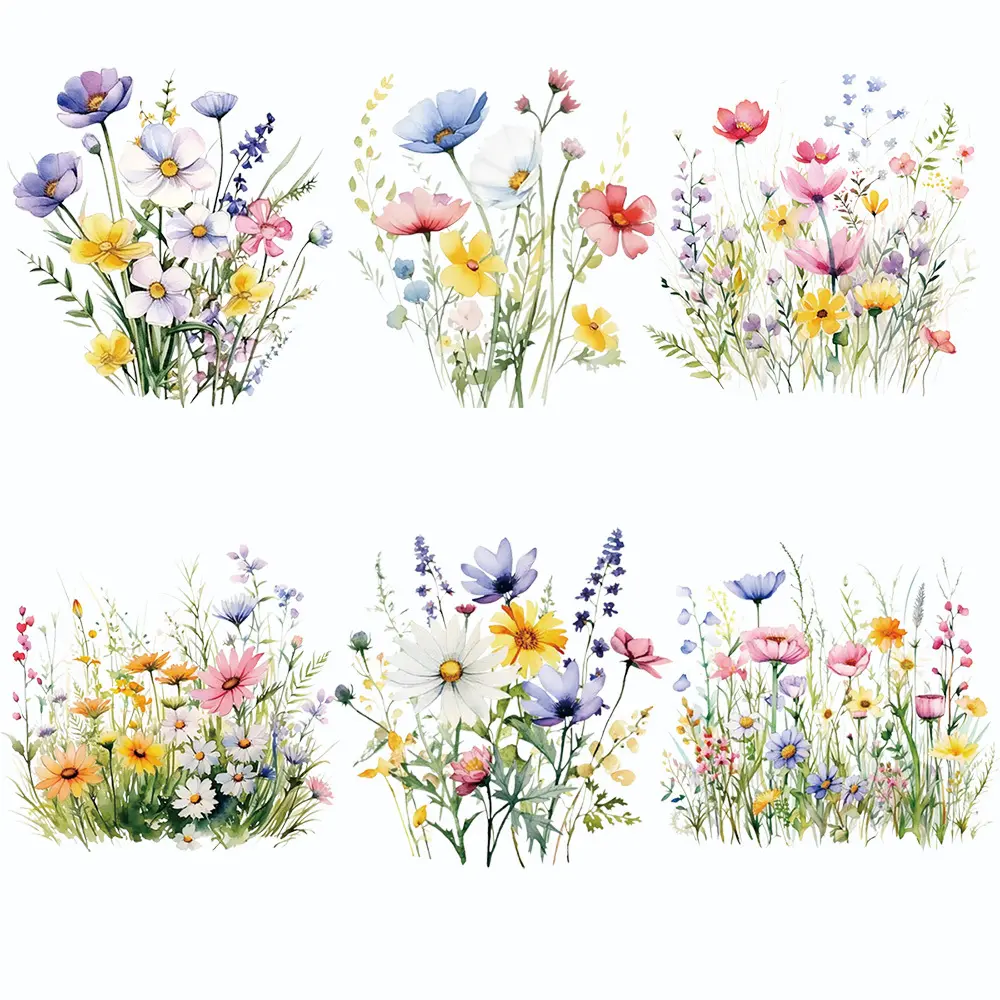 6 Watercolor Wildflower Heat Transfer Stickers, Fresh Flower Transfer Stickers, Washable and Color-Resistant, DIY Clothes, T-shirts, Sweatshirts, Backpack Patch Stickers, Handmade Decorative Fabric Stickers