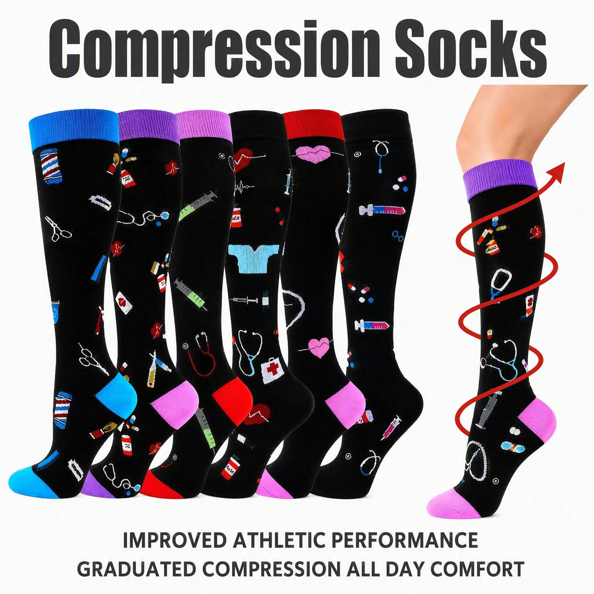 AYAFAIR 6 Pairs Compression Socks for Women & Men, Knee-High Calf Support, Breathable Moisture-Wicking Socks for Running, Travel & Work