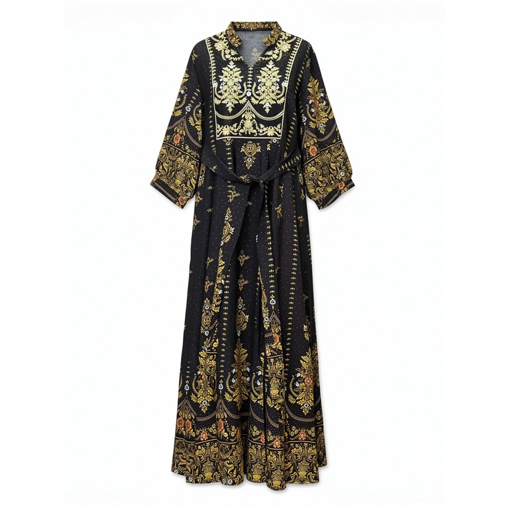 Luxury Gold & Black Baroque Maxi Dress Elegant Belted Boho Gown | Size Inclusive S-4XL | Perfect for Wedding Guest, Evening Gala, Cruise & Vacation Luxury Gold & Black Baroque Maxi Dress Elegant Belted Boho Gown | Size Inclusive S-4XL | Perfect for Wedding Guest, Evening Gala, Cruise & Vacation
