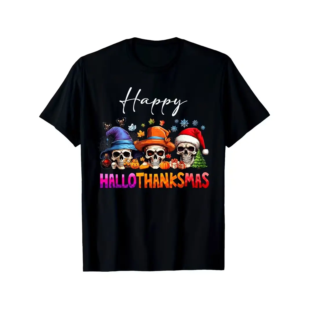 Hallothanksmas Skull Graphic Comfort Cotton Oversized T-Shirt, Halloween Thanksgiving Christmas Fashion Outfit, Cute Holiday Tee, Best Holiday Gift For Family Friends Men Women