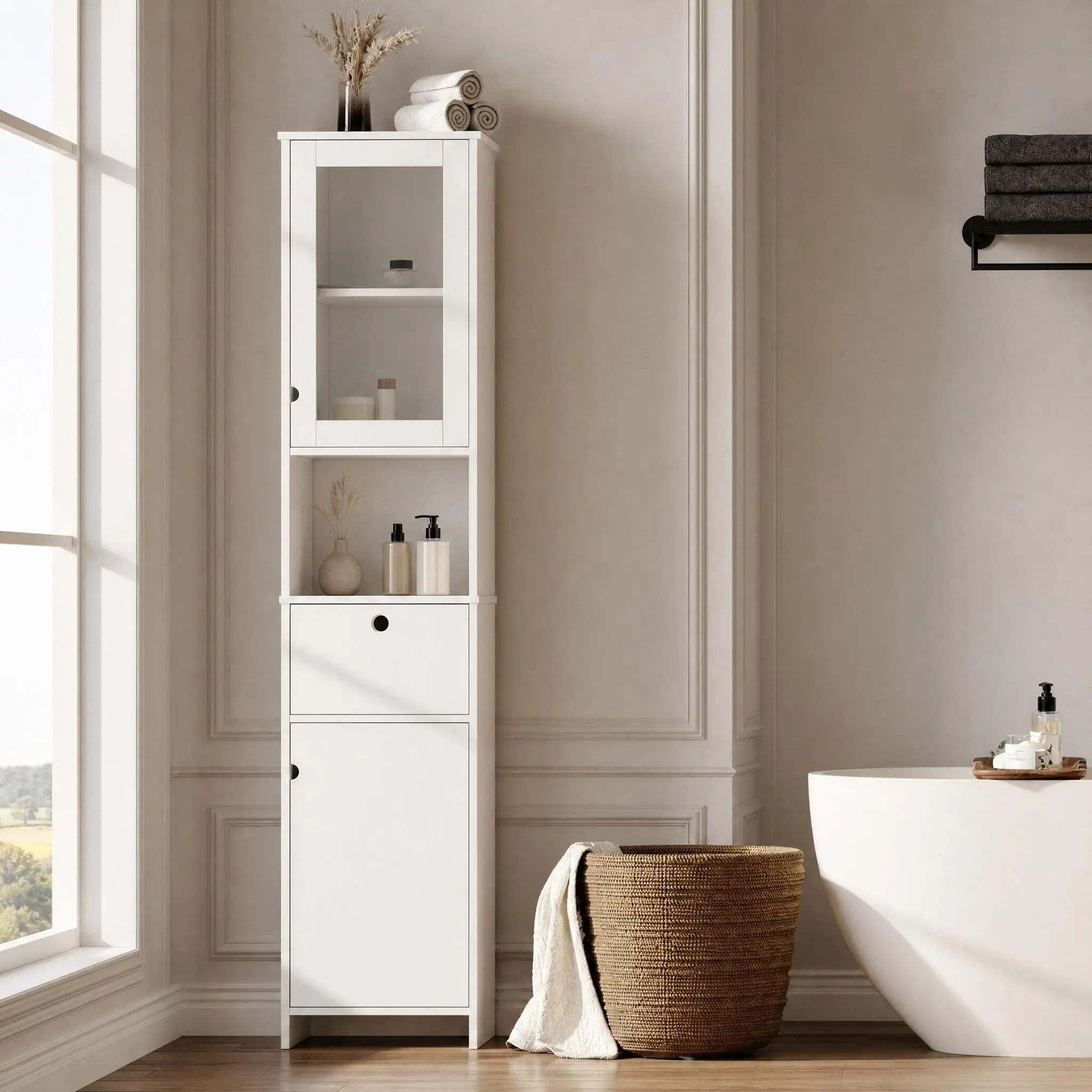 Slim Wood Tall Storage Cabinet - Freestanding Cupboard with Durable Waterproof Painted Finish, Sliding Glass Doors, Flexible Adjustable Shelves, Open Shelves for Bathroom, Living Room, Sliding Door