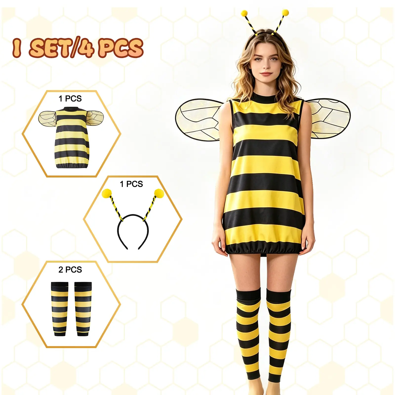Bee Costume Party, Striped Sleeveless Dress with Wings, Antenna Headband, Striped Tights, Halloween, Cheerleading, Football, Carnival, Clothes