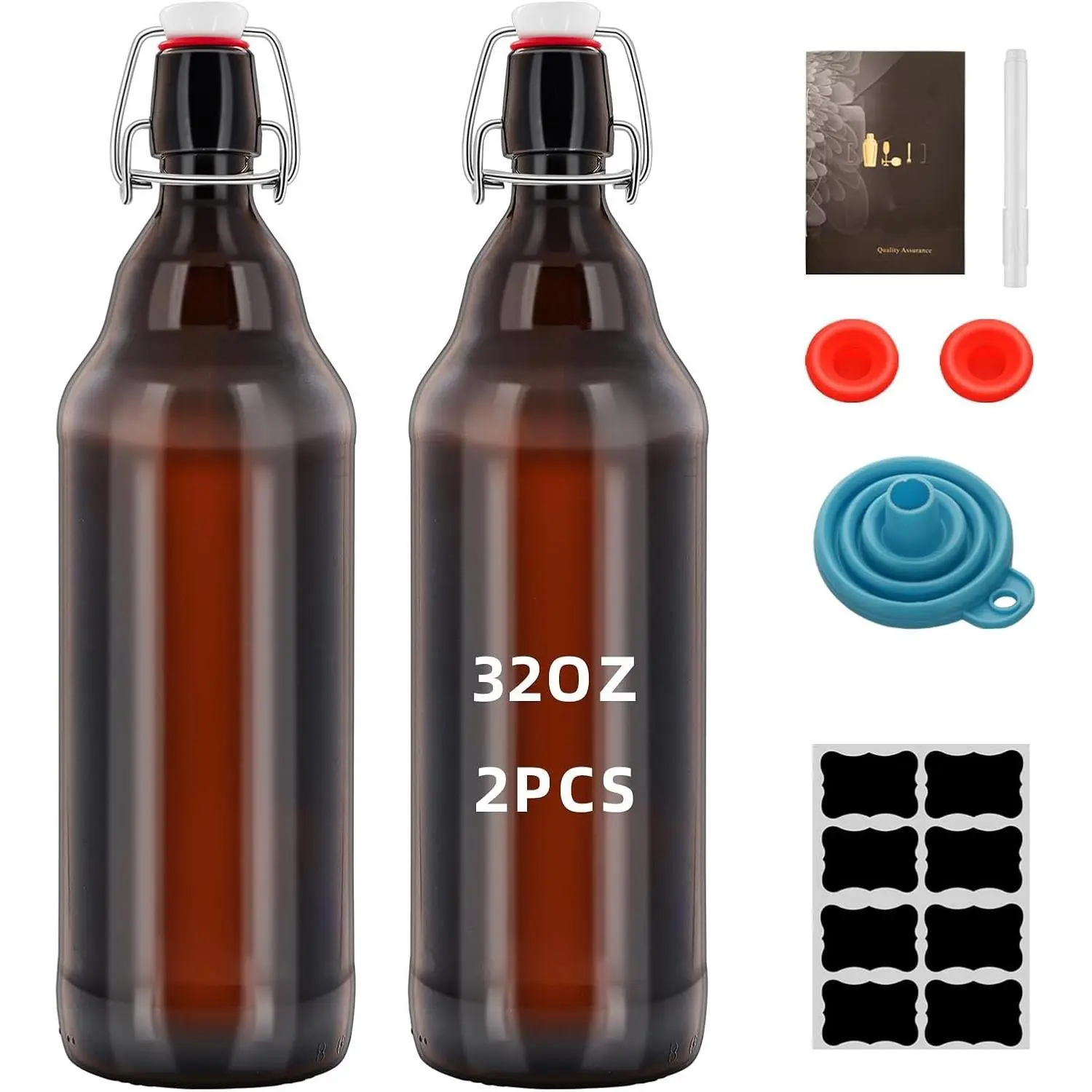 2 count 32 oz 2Pack  Glass  Bottles for  Brewing with Flip Caps Refillable Brown Glass Storage Bottle with Swing Top ,  Iron Clasp Bottle 1000ML 2 Pack