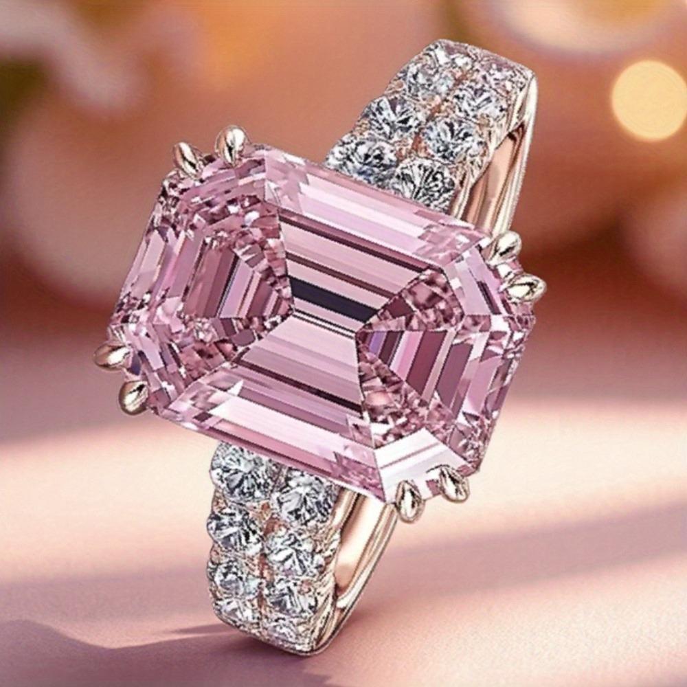 Shiny Pink Square Ring – Sparkling Cubic Zirconia, Silvery Plated, Ideal for Bridal Engagements, Anniversaries, Daily Wear – Cute Stylish Jewelry for Girls, Student Gifts