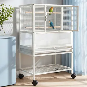 Large White Bird Cage with Rolling Stand & Storage Shelf – 32" Tall Acrylic & Metal Flight Cage, Easy-Clean Tray, Seed Guard, Secure Lockable Wheels – For Parakeets, Cockatiels, Conures, Budgies, Lovebirds, Small Parrots