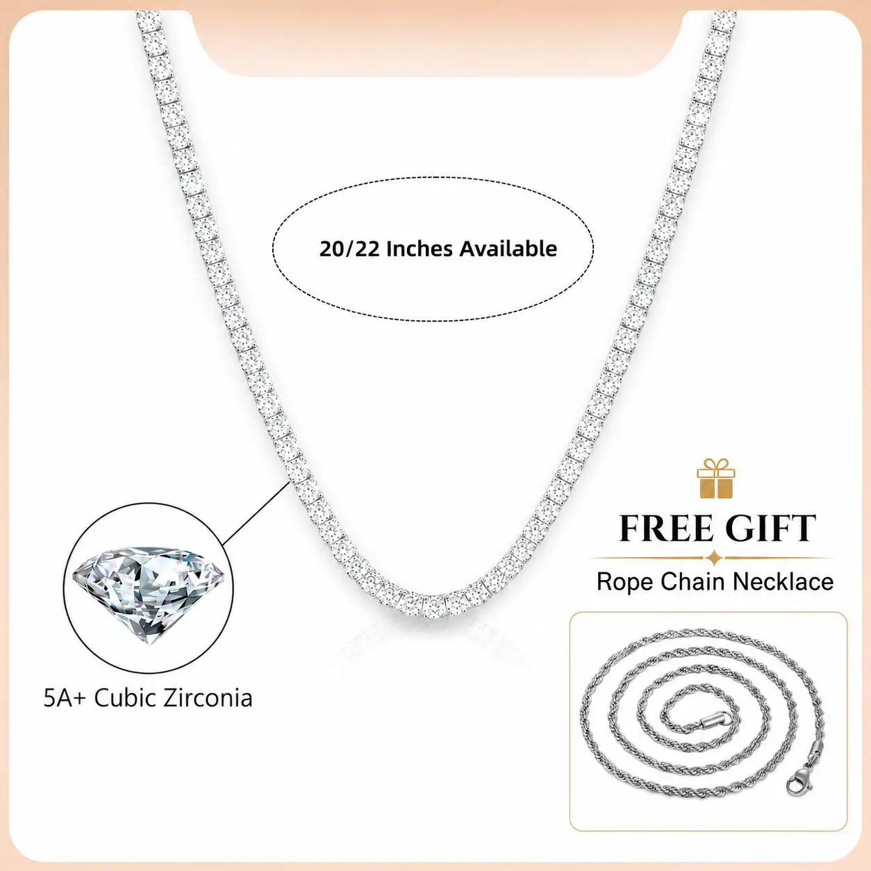 Classic Silver Tennis Necklace with Bonus Rope Chain Necklace, 3mm Cubic Zirconia for Everyday Wear, Unisex Fit with Secure Box Clasp for Adults, Daily,  Upgraded Box Clasp