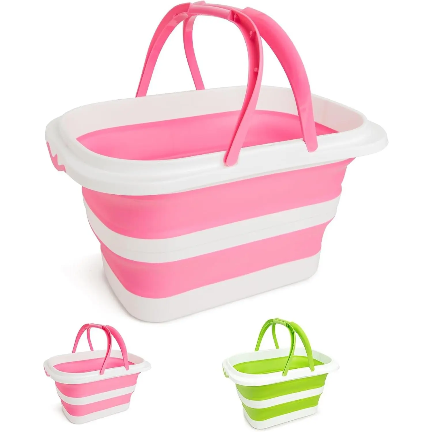 Large Collapsible Bucket for Cleaning, 4.2 Gallon (16L) Silicone Bucket with Handle & Hanging Hole, Foldable Space-Saving Mop Bucket for Home, Storage. Car Wash, Camping, Beach (Pink White)