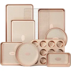 9-Piece Nonstick Stackable Non Toxic Baking Pans Set with Diamond Texture, Oven Bakeware Set for Cooking, Includes Cookie Sheet with Rack, Cake Pan, Roasting Pan, Muffin Tin, Gold