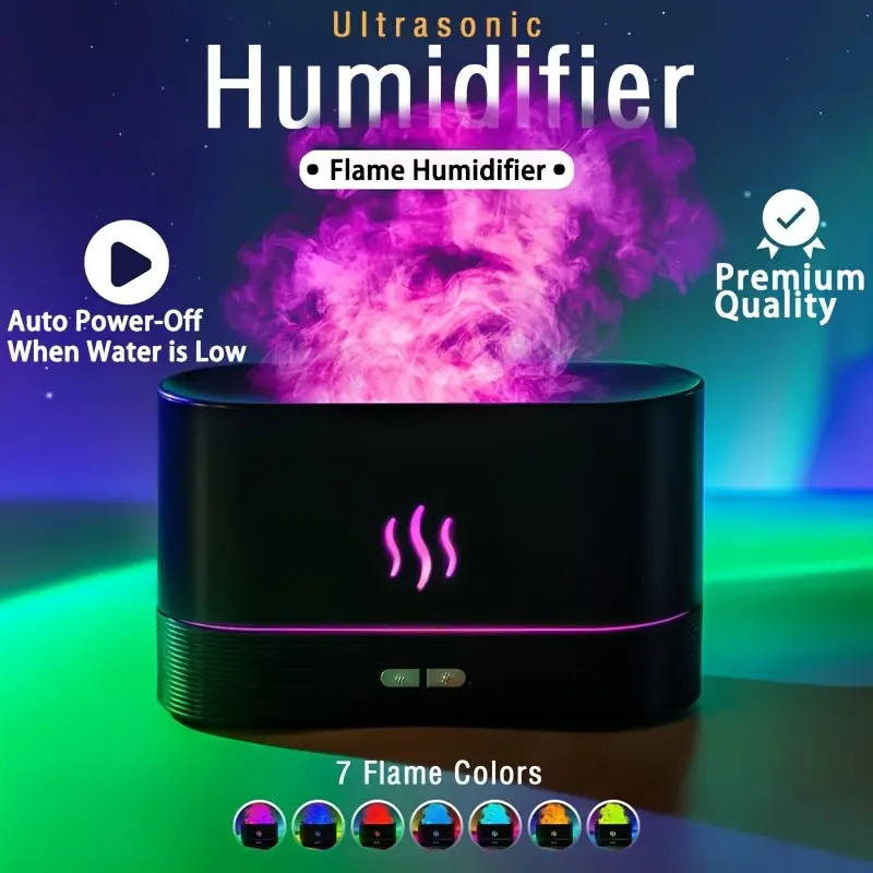 USB Dimmable 7-Color Flame-Simulating Humidifier, Home Flame Aroma Diffuser for Essential Oil Infusion as Air Freshener, Timer and Low-Water Protection, Perfect for Office, Bedroom Decor, Halloween, Christmas, Birthday Gifts, and Yoga Use