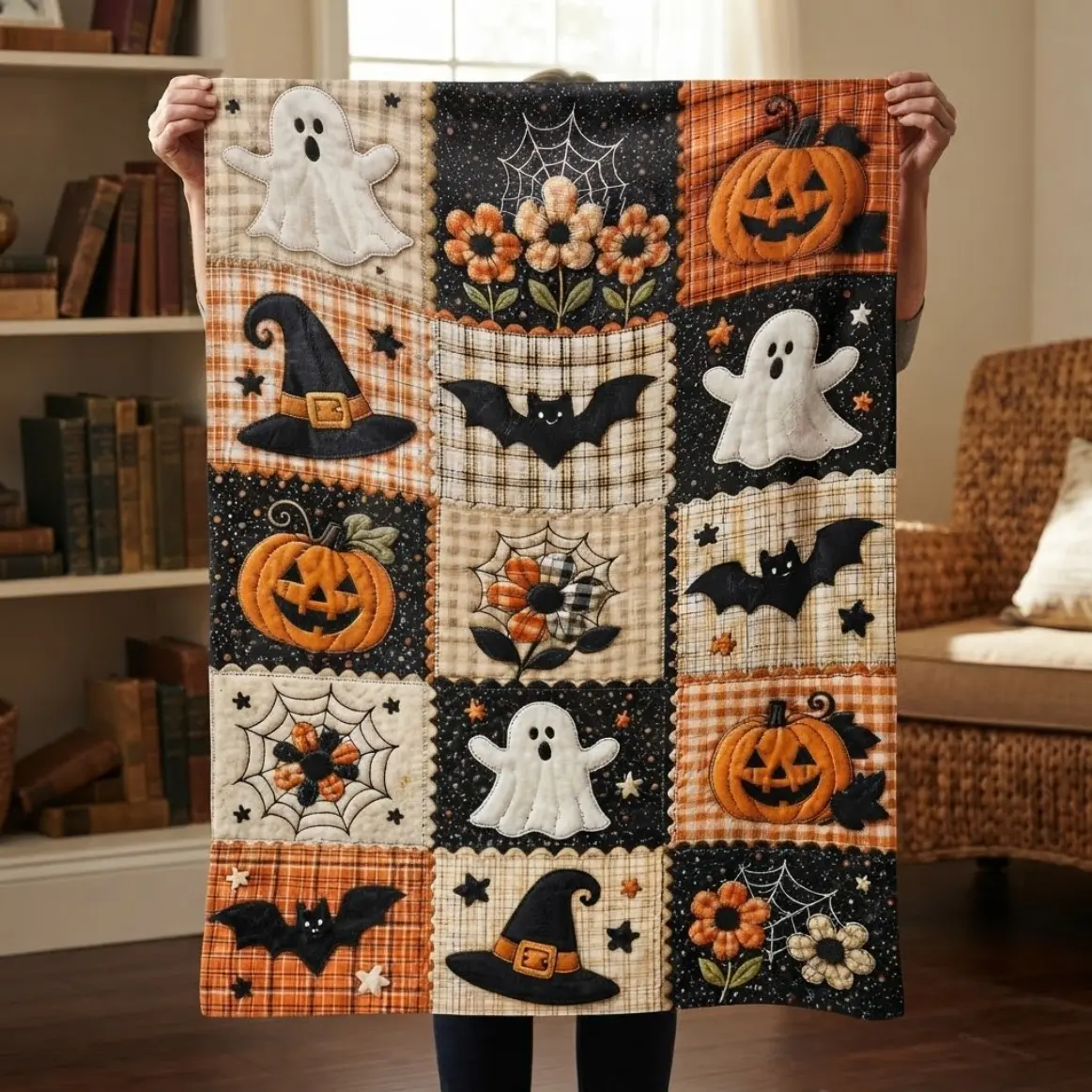 Halloween Pumpkin Ghost Bat Flannel Throw Blanket, Soft Patchwork Fleece Blanket For Adults Kids, Cozy Plaid Quilt Blanket For Sofa Bed Couch Bedding Home Decor, Spooky Haunted Trick Or Treat Plush Blanket Fall Halloween Party Gift
