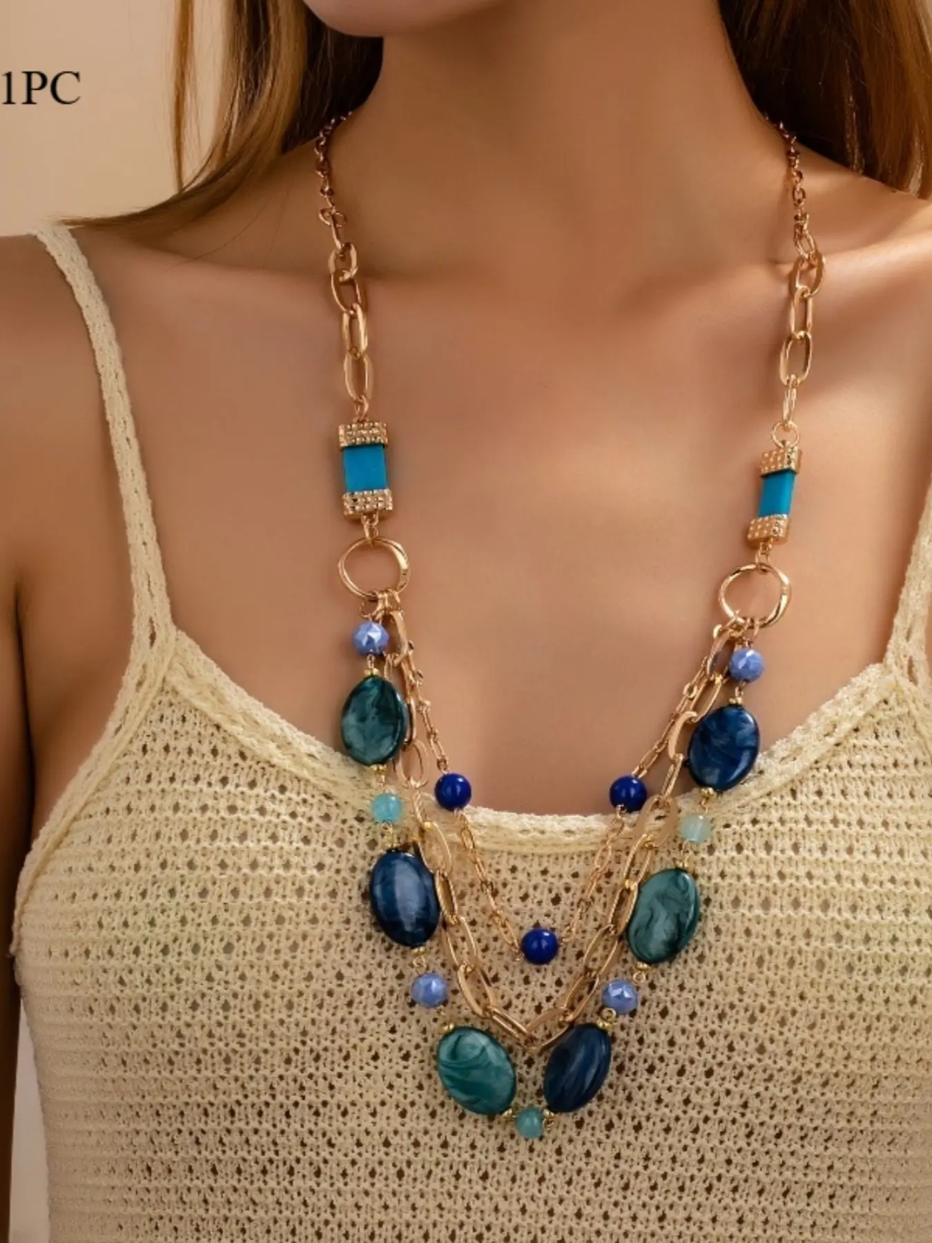 Blue Multilayer Beaded Long Necklace for Women, Perfect for Vacation and Daily Wear, Elegant and Stylish Jewelry Accessory