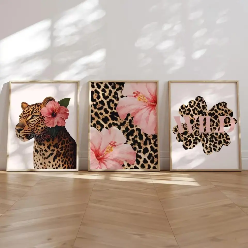 3pcs Vintage Y2K Leopard Print Animal Prints Hibiscus Flower Tropical Pink Cheetah Canvas Hanging Poster Hawaii Aloha Animal Art Living Room Home Frameless Decoration Gift