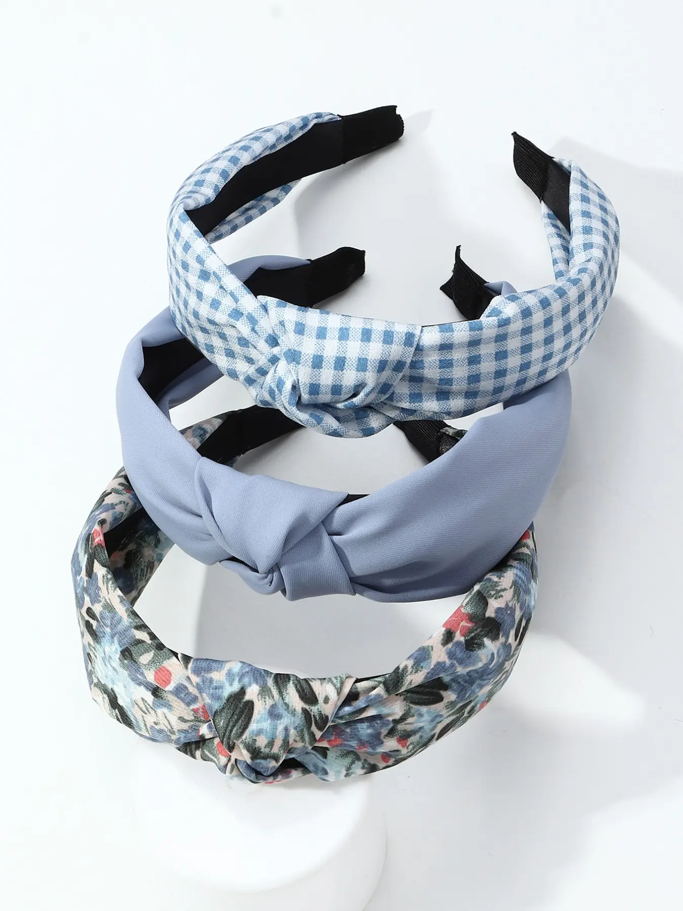 3-Piece Set Foggy Blue Knot Wide Band Hairband, Non-Slip Comfortable Headband, Slim Flat Head Savior, Small Face High Forehead Tool