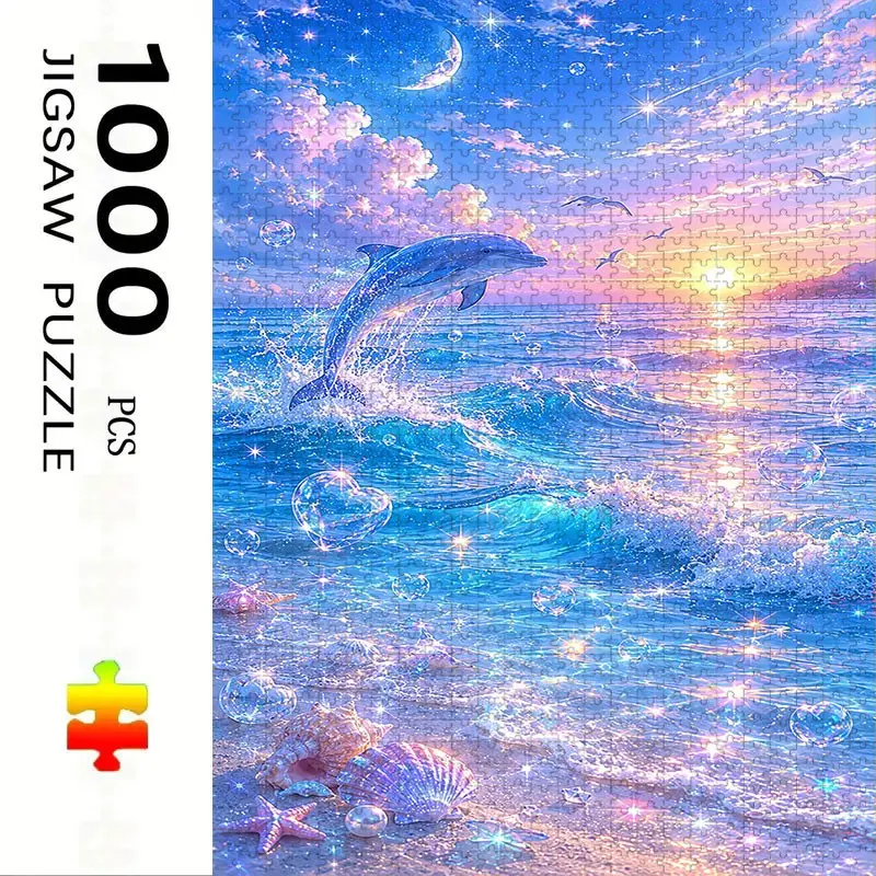 1000 Piece Dolphin Puzzle, Large Adult Family Interactive Toy, DIY Home Decor Brain Challenge, Holiday Scene, Mixed Colors, Durable Puzzle