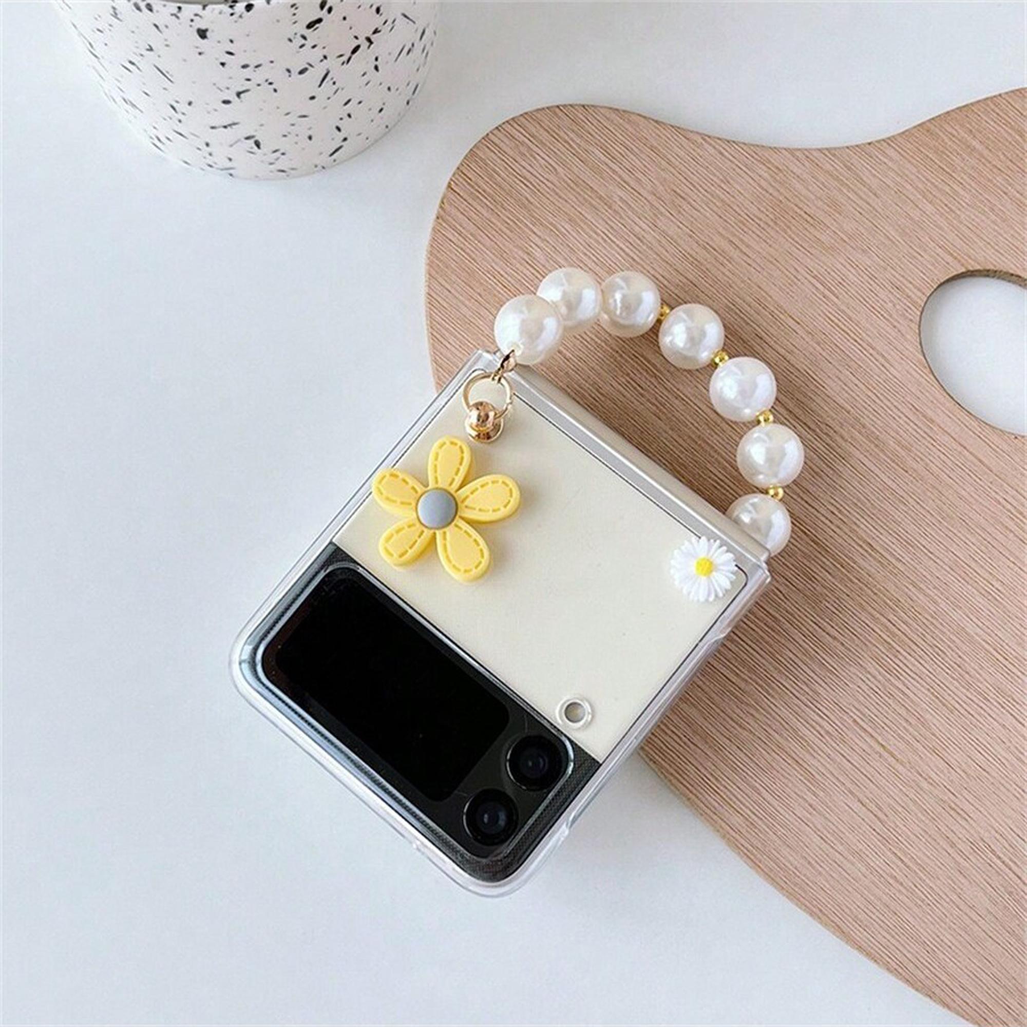 Cute Flower Design Phone Case with Pearl Chain, Fashion Phone Protective Cover, Phone Accessories Compatible with Samsung Galaxy Z Flip 3 4 5 6
