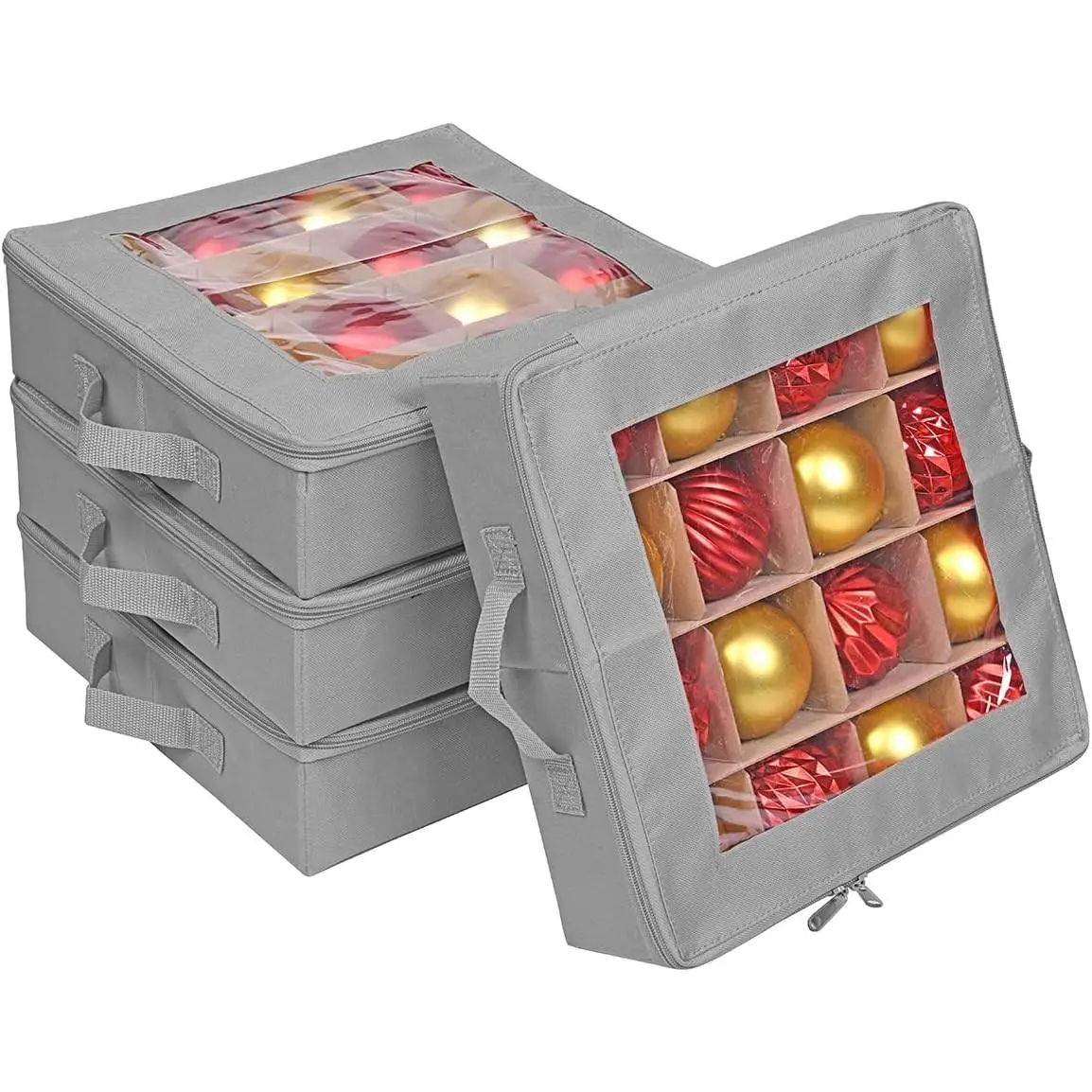 4 Pcs Christmas Ornament Storage Boxes with Dividers, Transparent Top Zipper Closure, 4 Individual Ornament Holder Trays, Keeps 64 Holiday Ornaments, Ornament Organizer Storage Box (Gray)